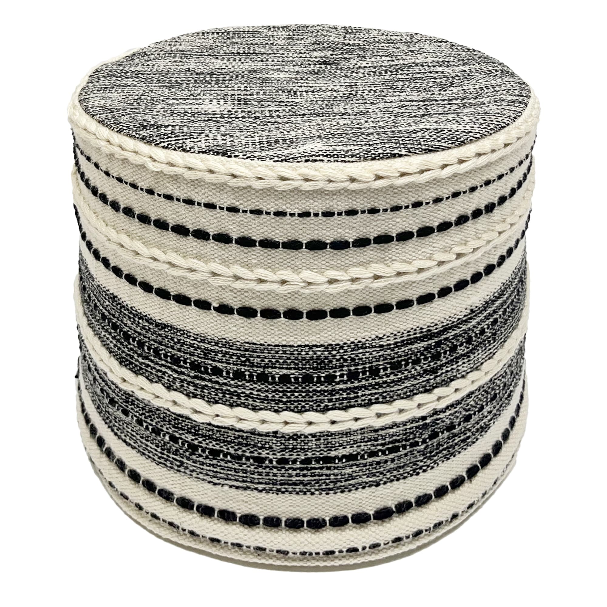 18 Cream and Black Outdoor Woven Pouf Ottoman