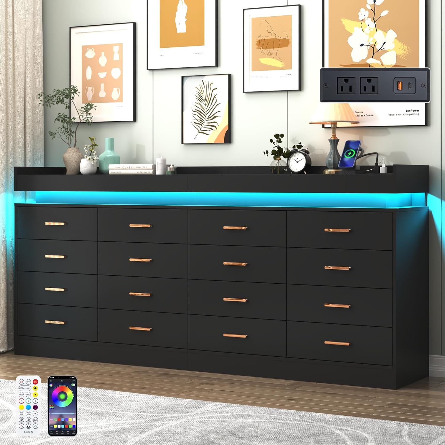 16 Drawer Dresser with LED Light and Charging Station, Modern Chest of Drawers for Closet, Wide Drawer Organizer Cabinet, Living Room, Entryway, Hallway, Black