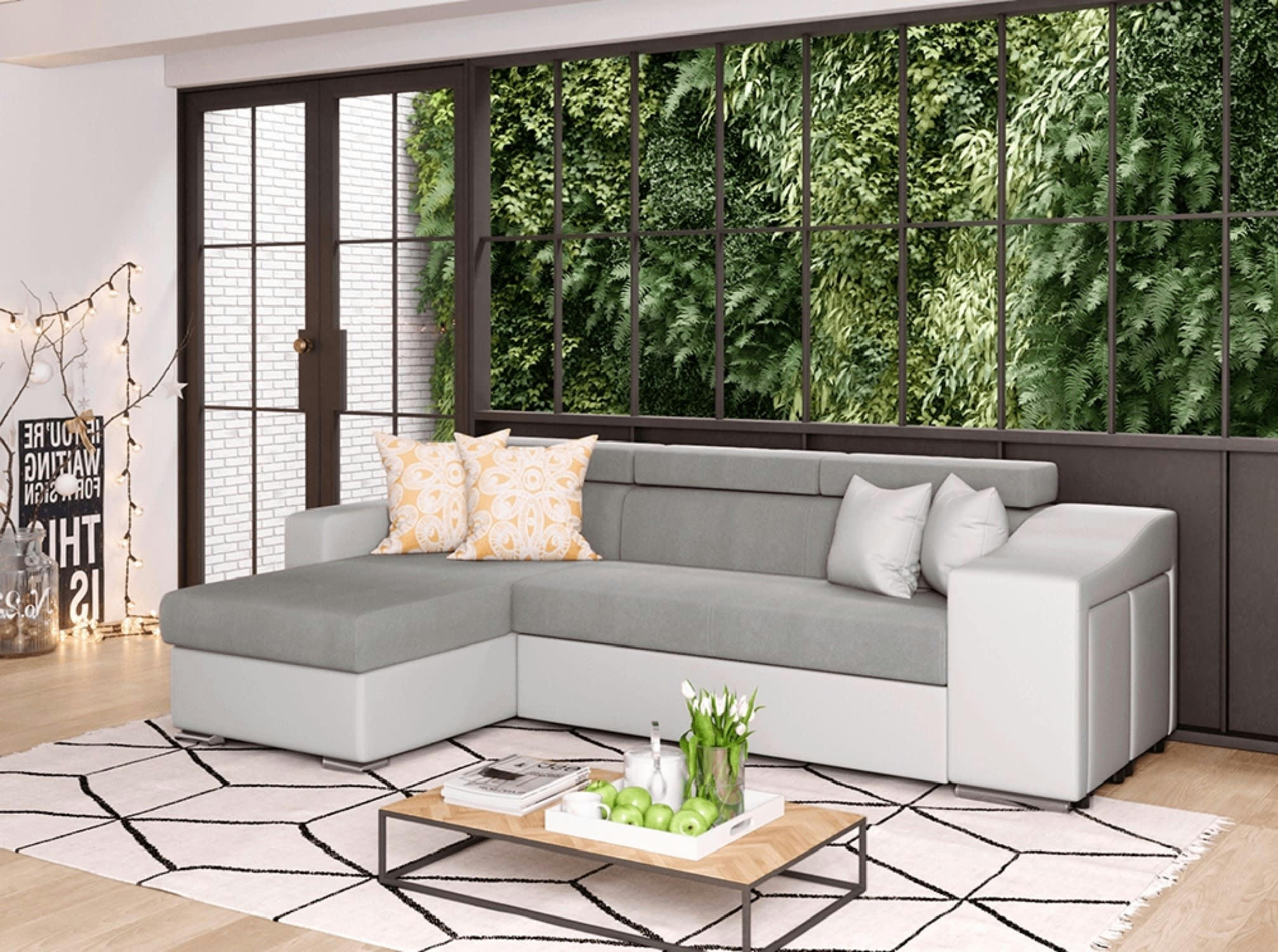 ELONA - Canapé d'angle convertible blanc/gris avec niche de rangement droite