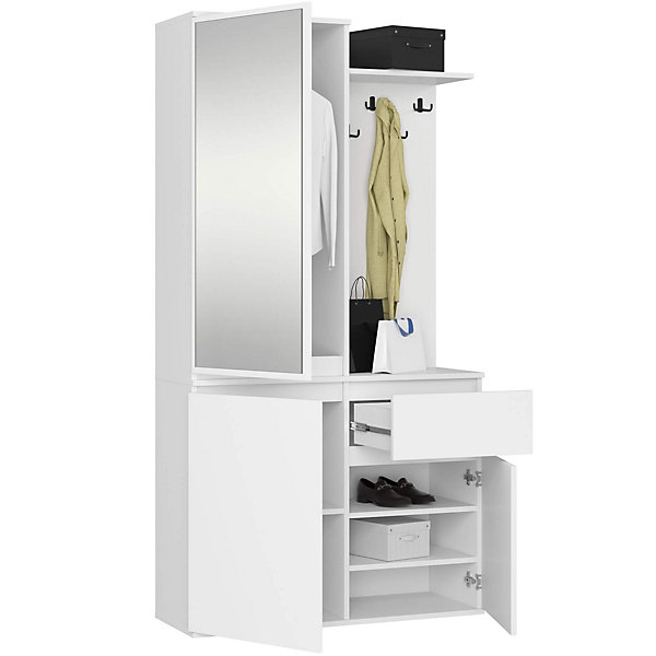 Ensemble de meubles d'entrée ENTRO Blanc avec armoire et miroir 95 cm 3 portes 1 tiroir 7 étagères 95x35x183 cm