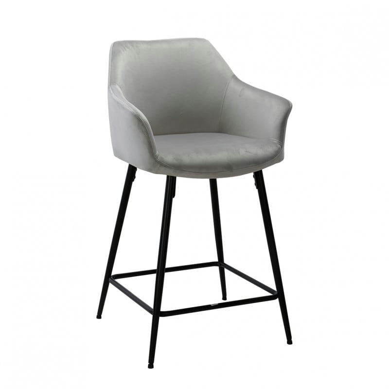CHIC - Chaise haute de bar en velours gris clair et pieds métal