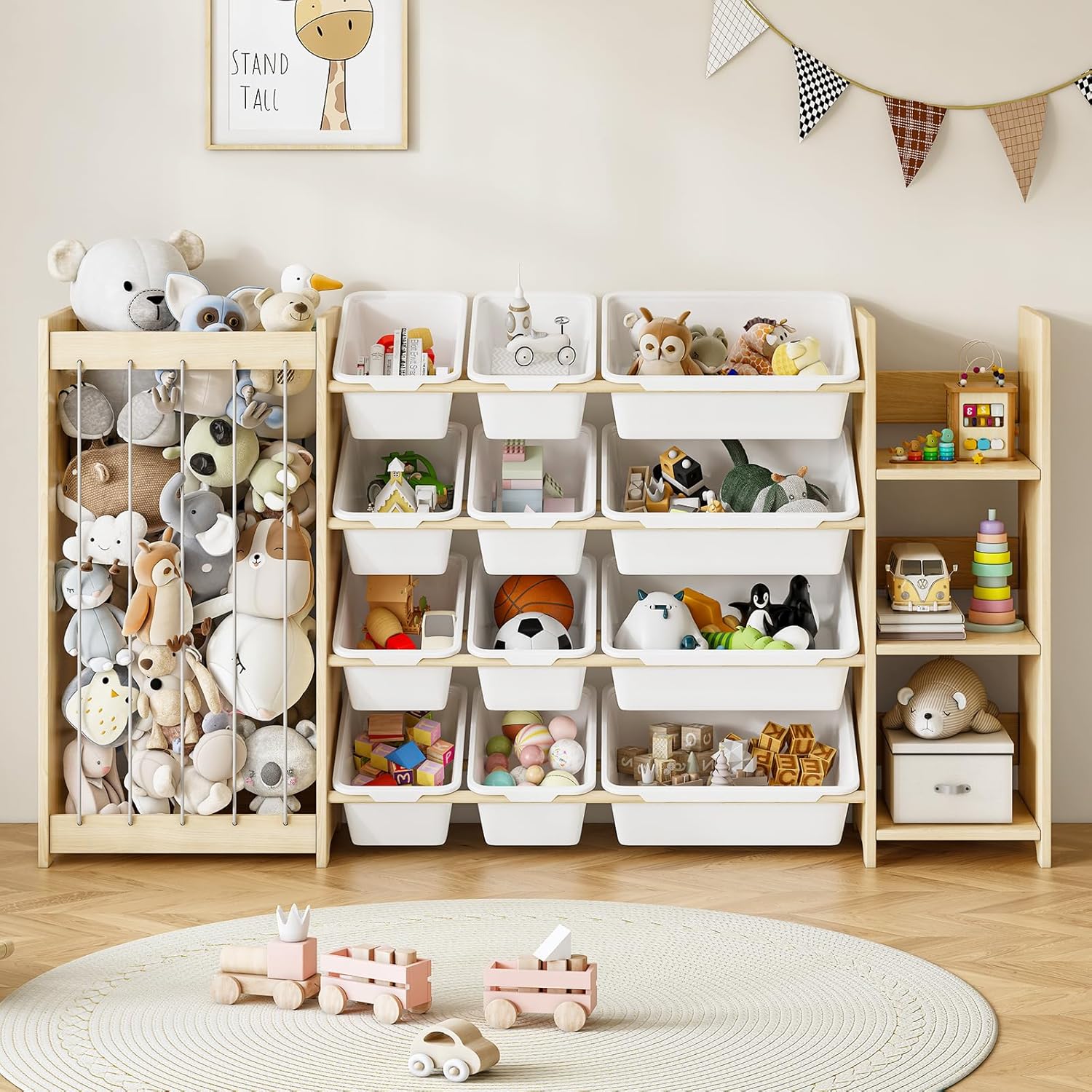 EXPERLAM 3-in-1 Toy Storage Organizer, Stuffed Animal Holder & 3-Tier Bookcase, Solid Wood Toy Organizer with 12 Storage Bins, Space-Saving Toy & Book Shelf for Kids Rooms, Bedroom, Playroom, White