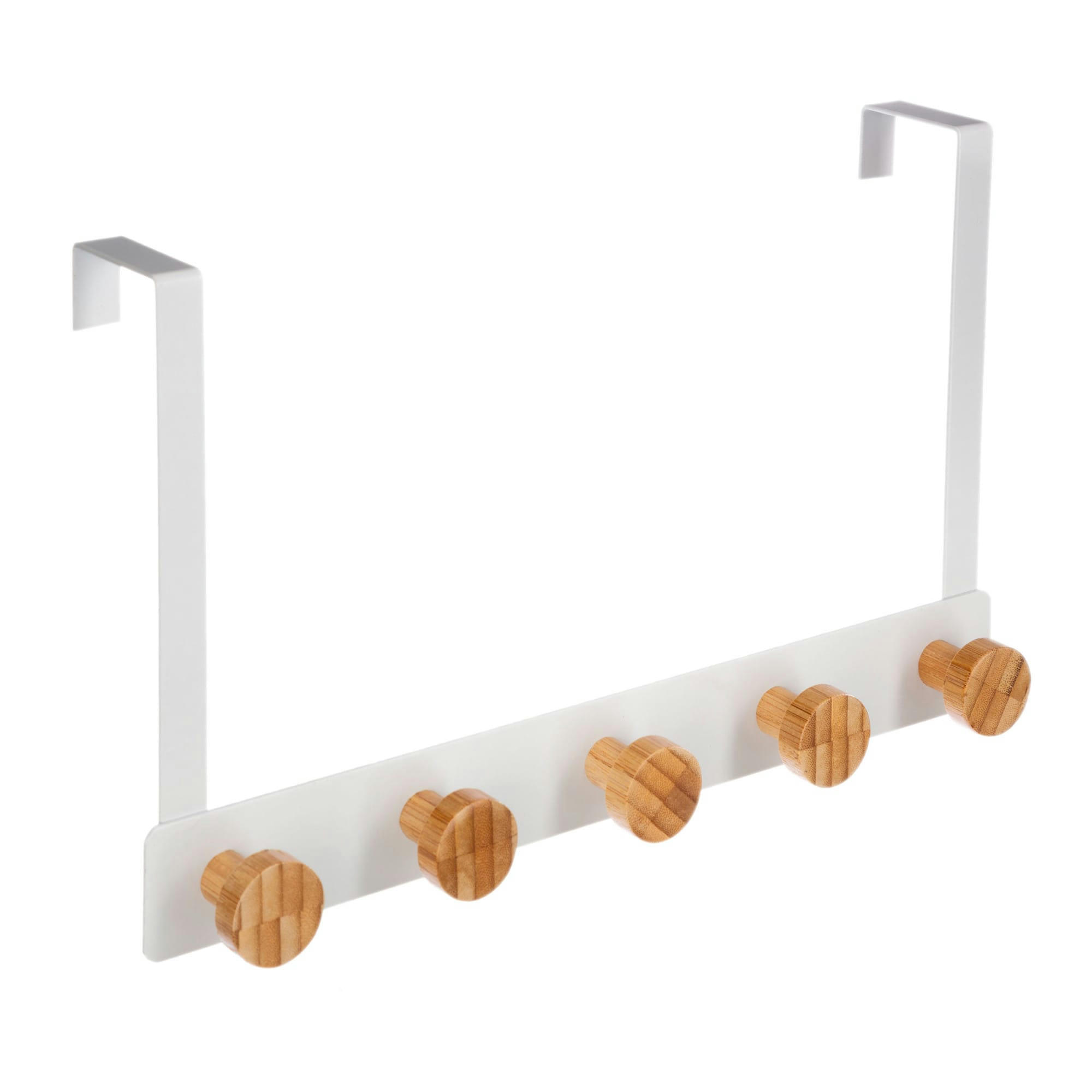 - Portemanteau de porte en métal blanc et bambou - 33.3x8.2x20cm