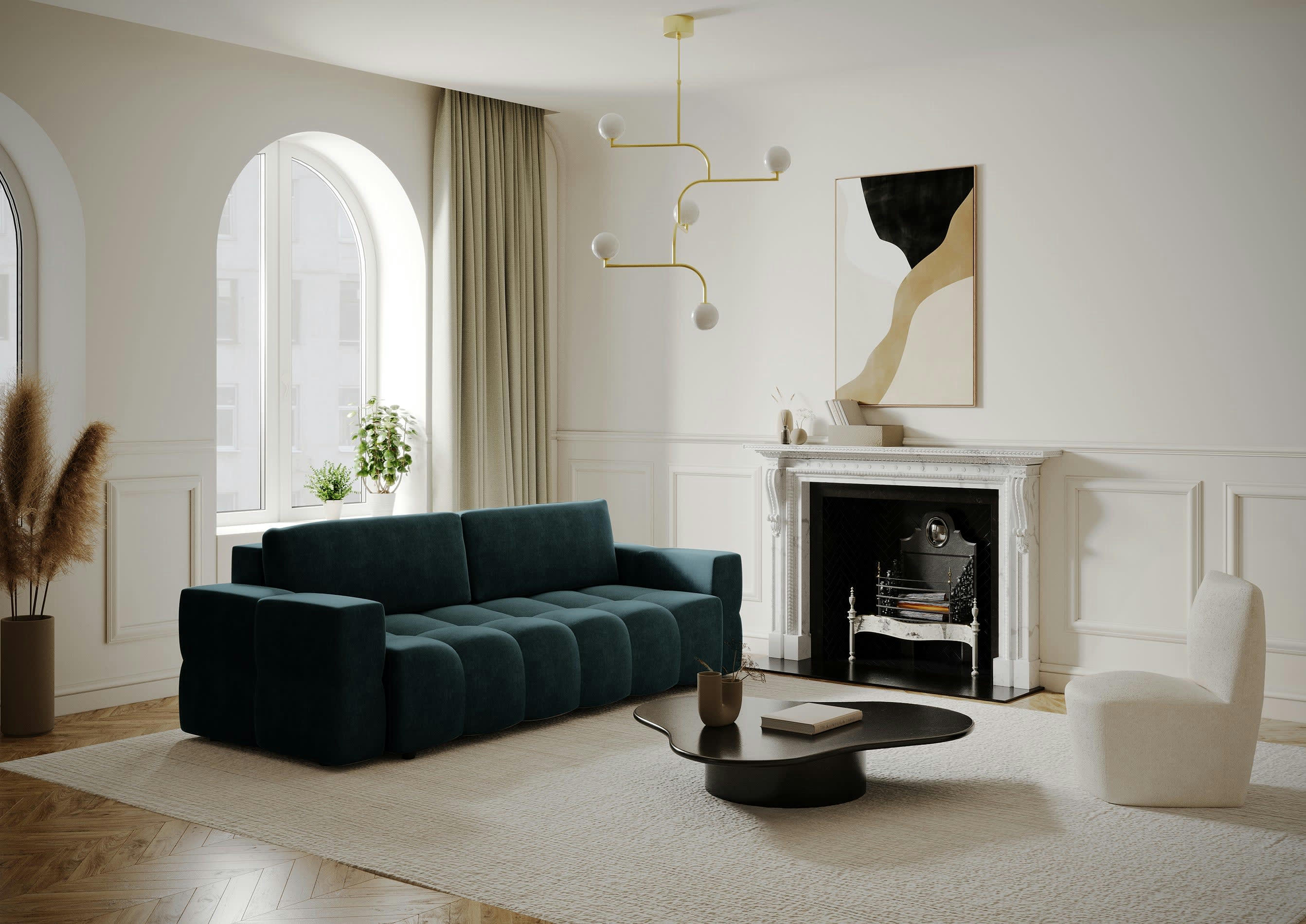 GABRIEL - Canapé 4 places convertible coffre noyer velours bleu paon