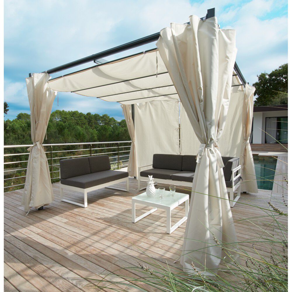 Tonnelle carrée Rome toit rétractable et rideaux écru UPF50  285x285xH220cm 8,1m&sup2;