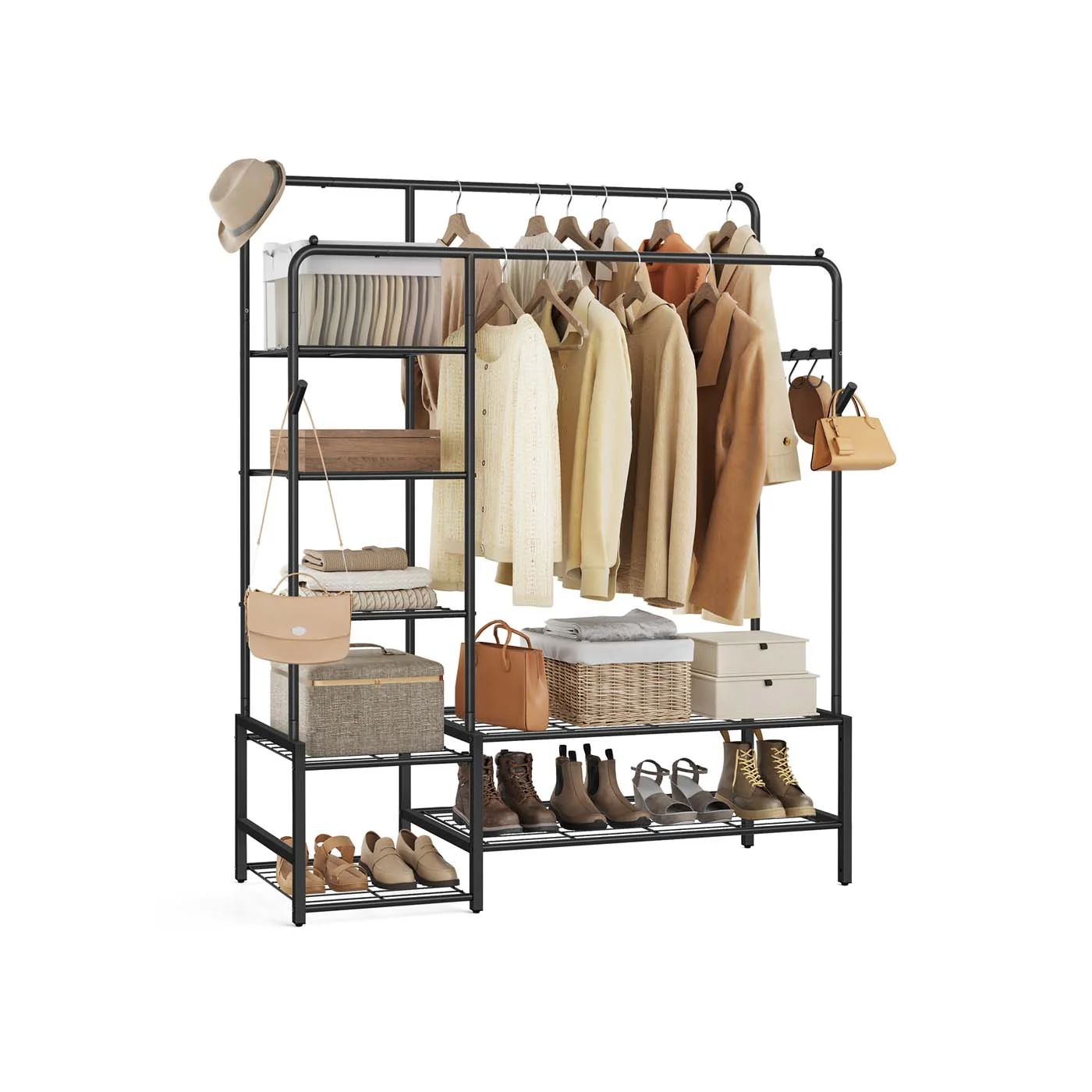Portant à vêtements en métal avec plusieurs étagères