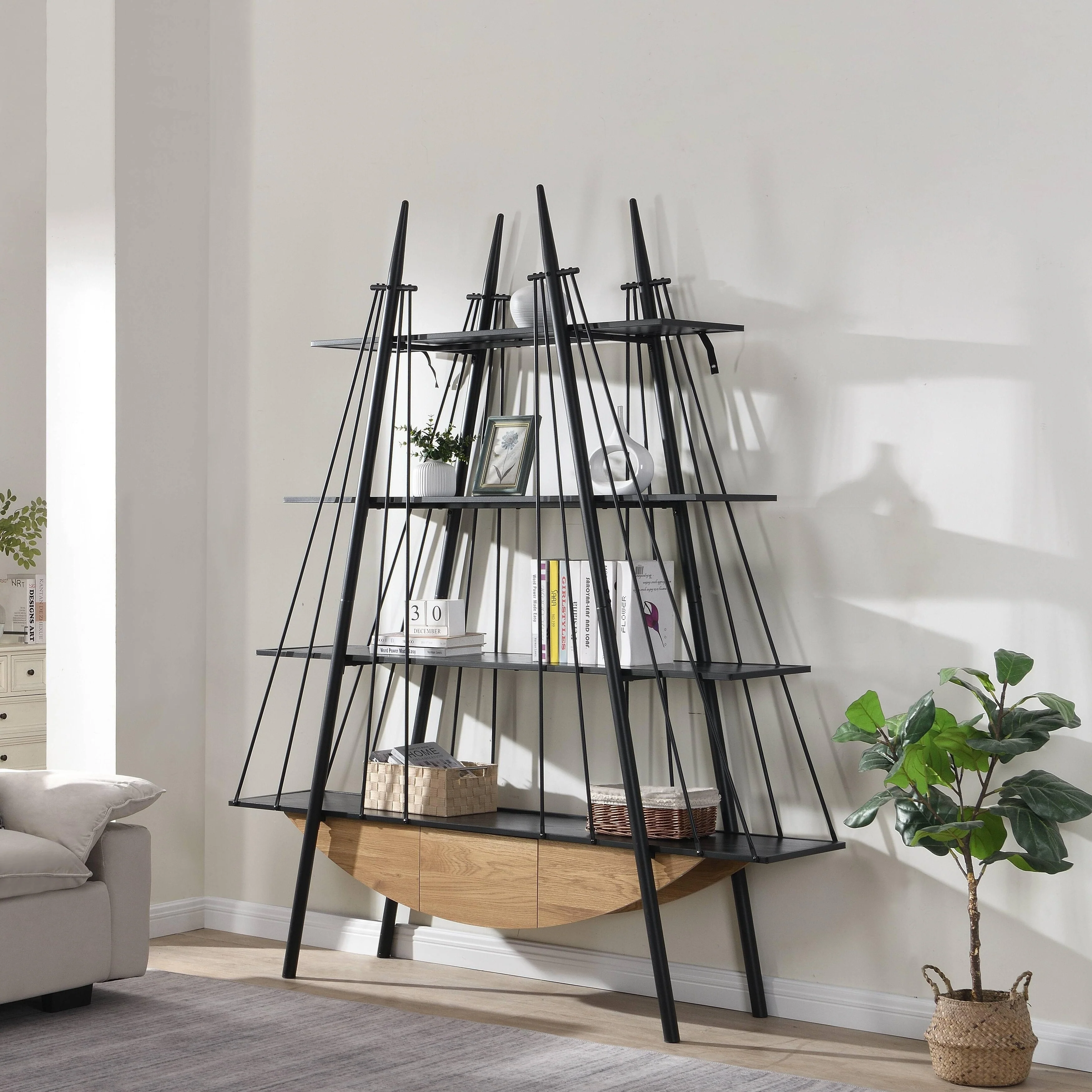 Sailboat-Inspired Bookshelf, 70.87 inch Industrial 4-Tier Open Storage Shelf with Drawer, Wooden & Metal Freestanding Bookcase