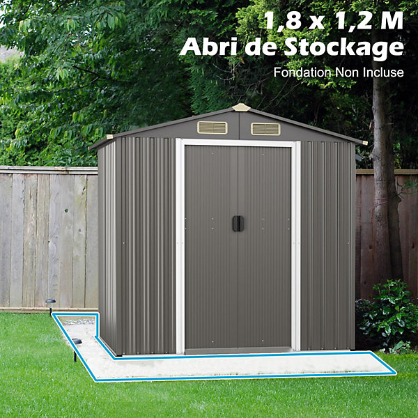 Abri de Jardin 2,34m²en Acier Galvanisé, 196x142x186cm avec Porte Coulissant Verrouillable, 4 évent d'Air