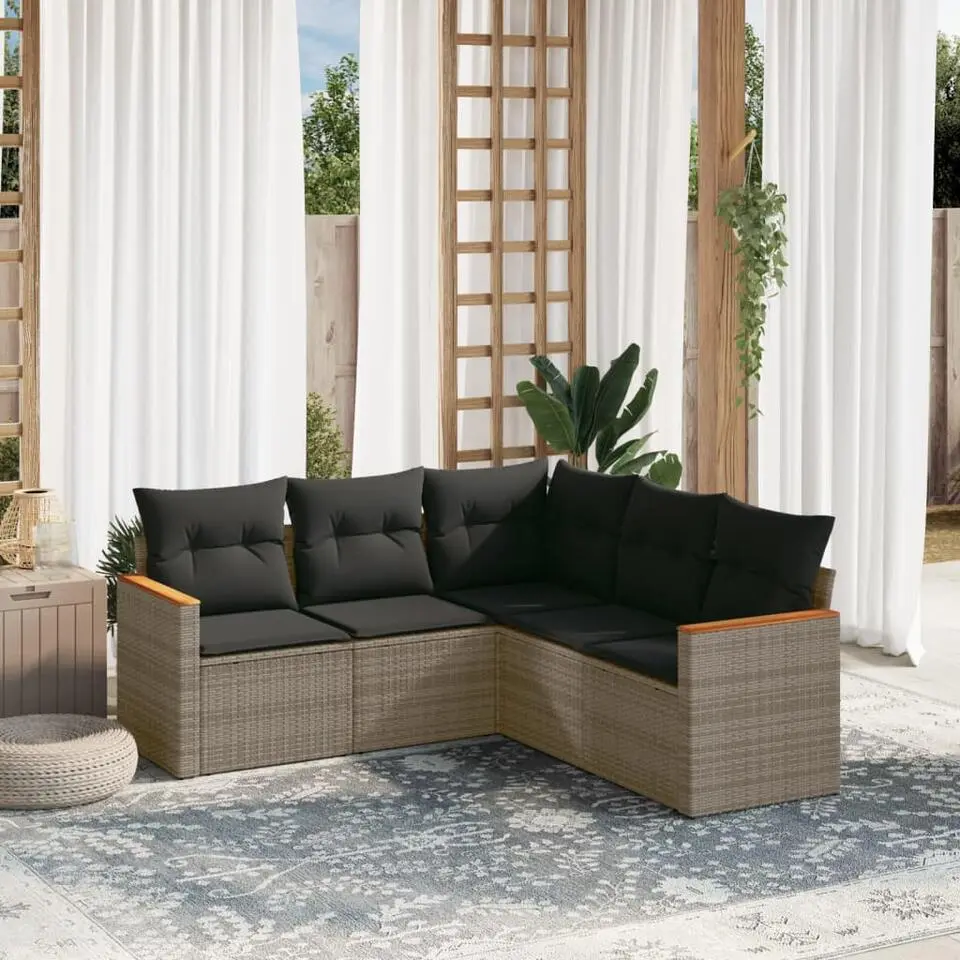 vidaXL 5-delige Loungeset met kussens en hout armsteun - Grijs - Poly rattan