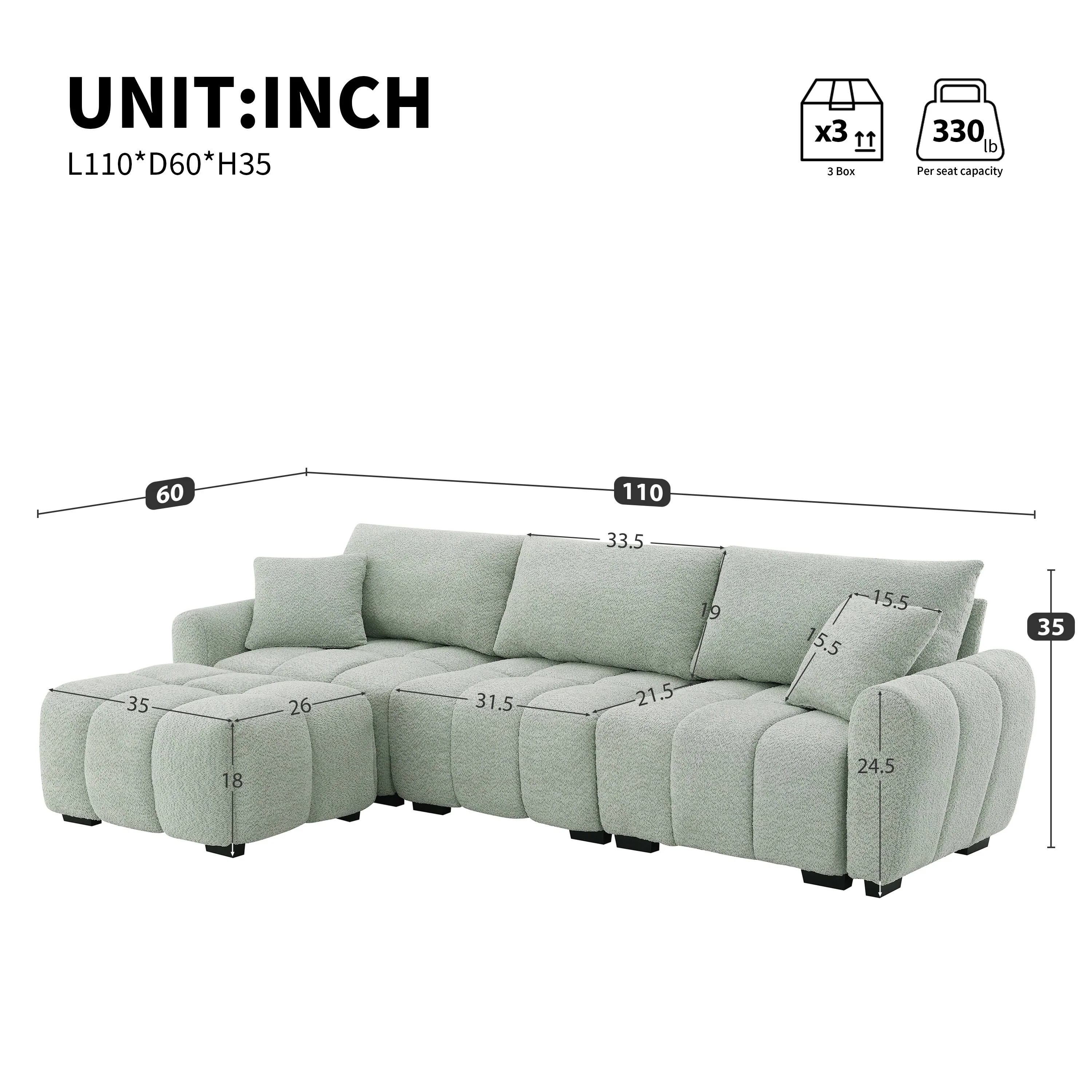 110-In Boucle Modular Sectional Sofa with Movable Ottoman, 3 Colors