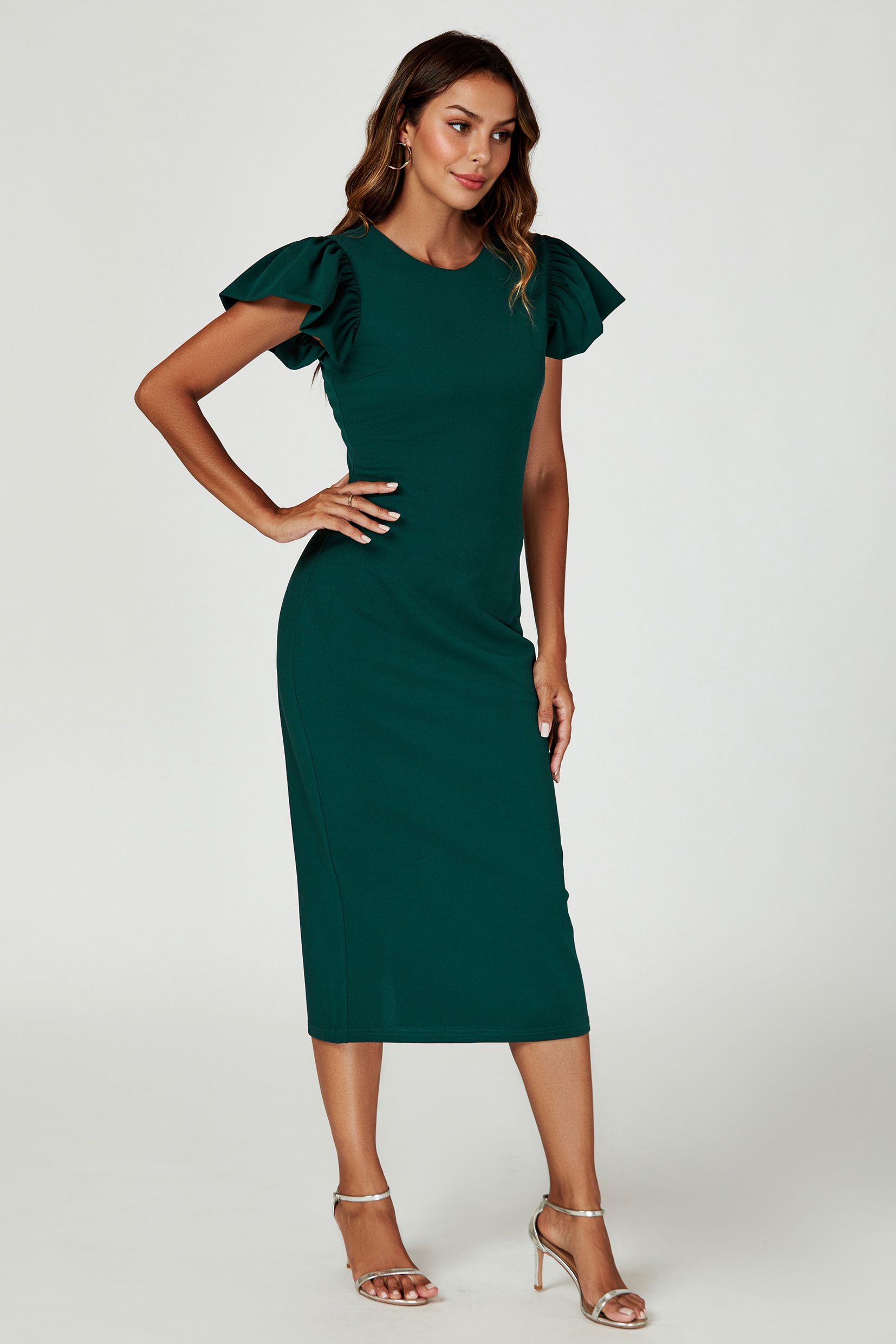 FS Collection Ruffle Sleeve Bodycon Midi Dress In Green