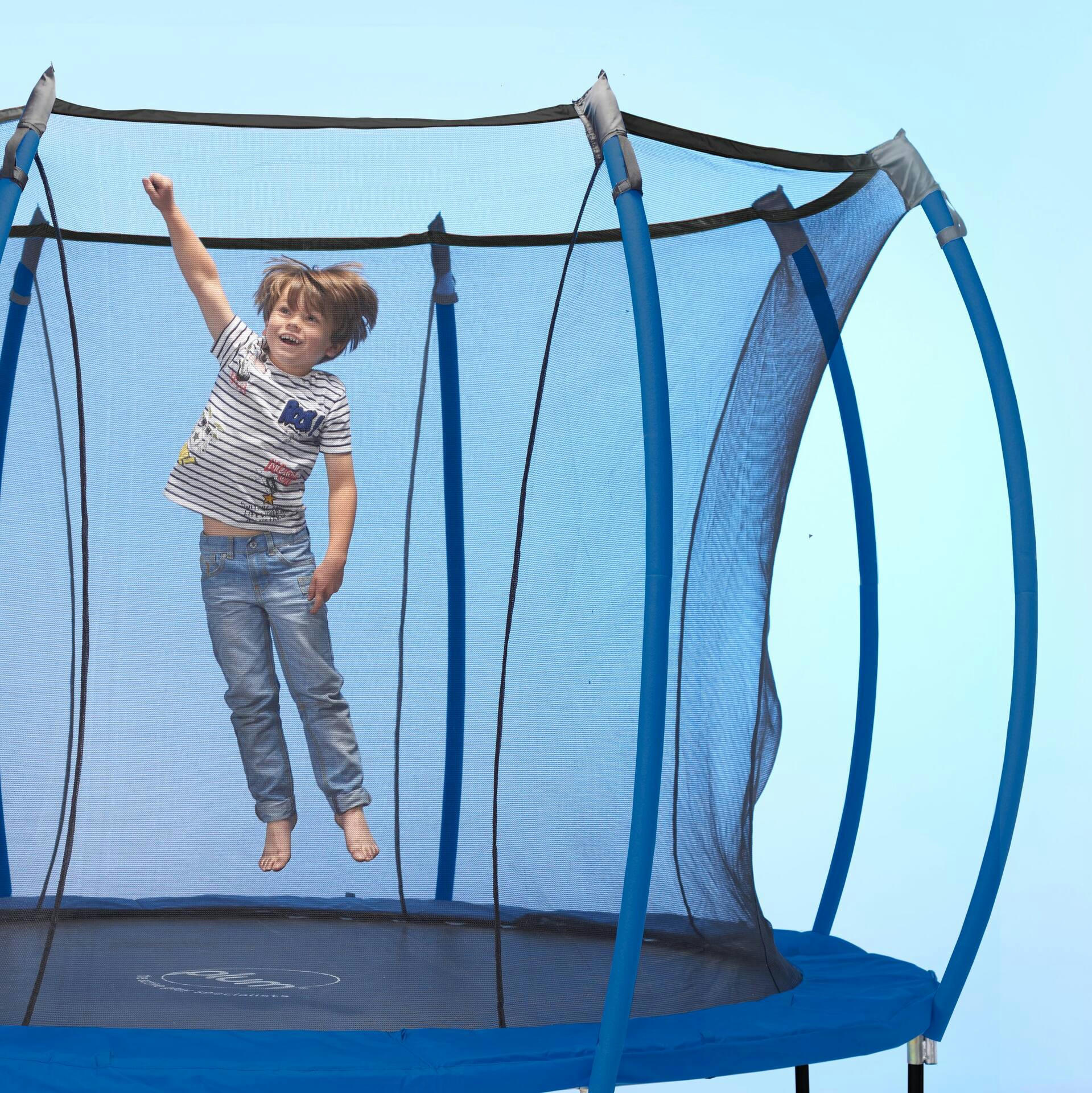 Plum® Springsafe® Blue Outdoor Trampoline with Safety Enclosure and Cover, 8-ft, Ages 6+