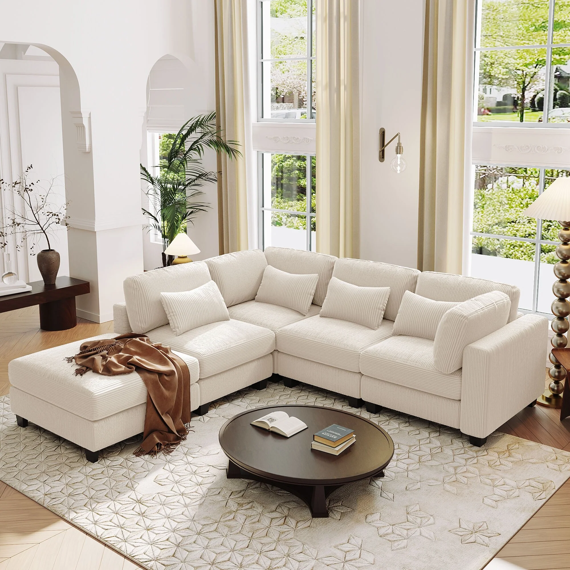 99.6'' L-Shaped 5-Seat Sectional Sofa with Removable Ottomans and Supportive Lumbar Cushions, Sturdy Wood Legs