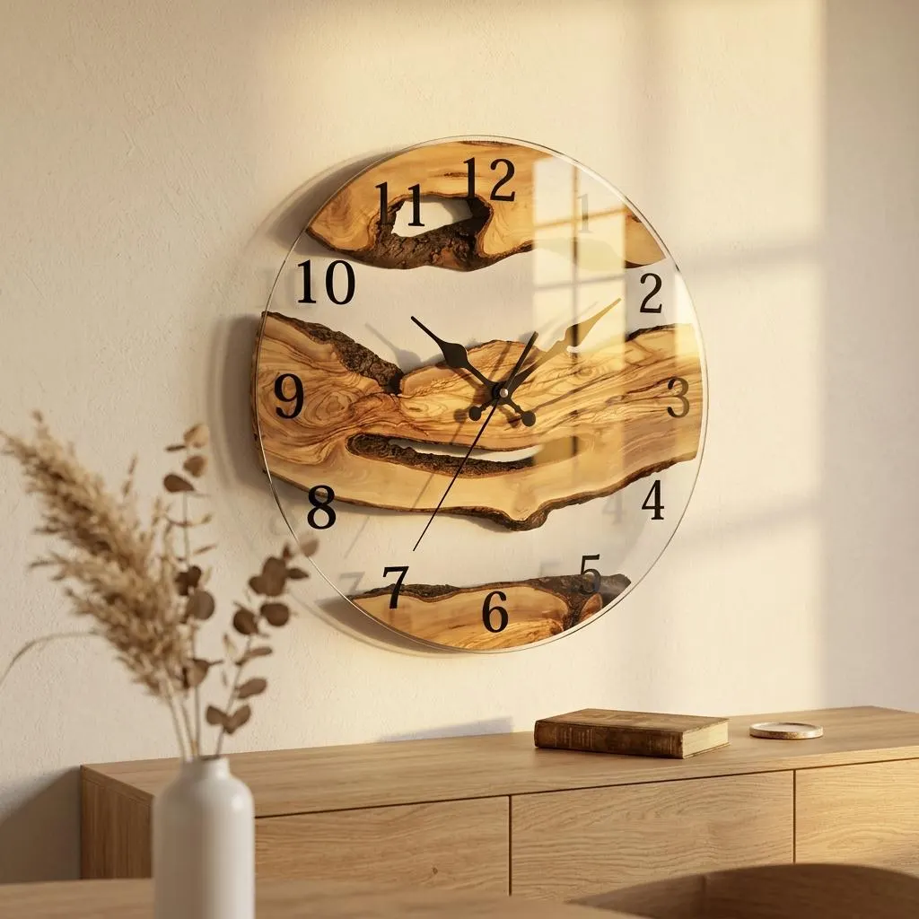 Wood Grain Wall Clock, 30cm Modern Glass Clock, Silent Tempered Glass Wall Decor, Abstract Wood Pattern, Minimalist Living Room Clock