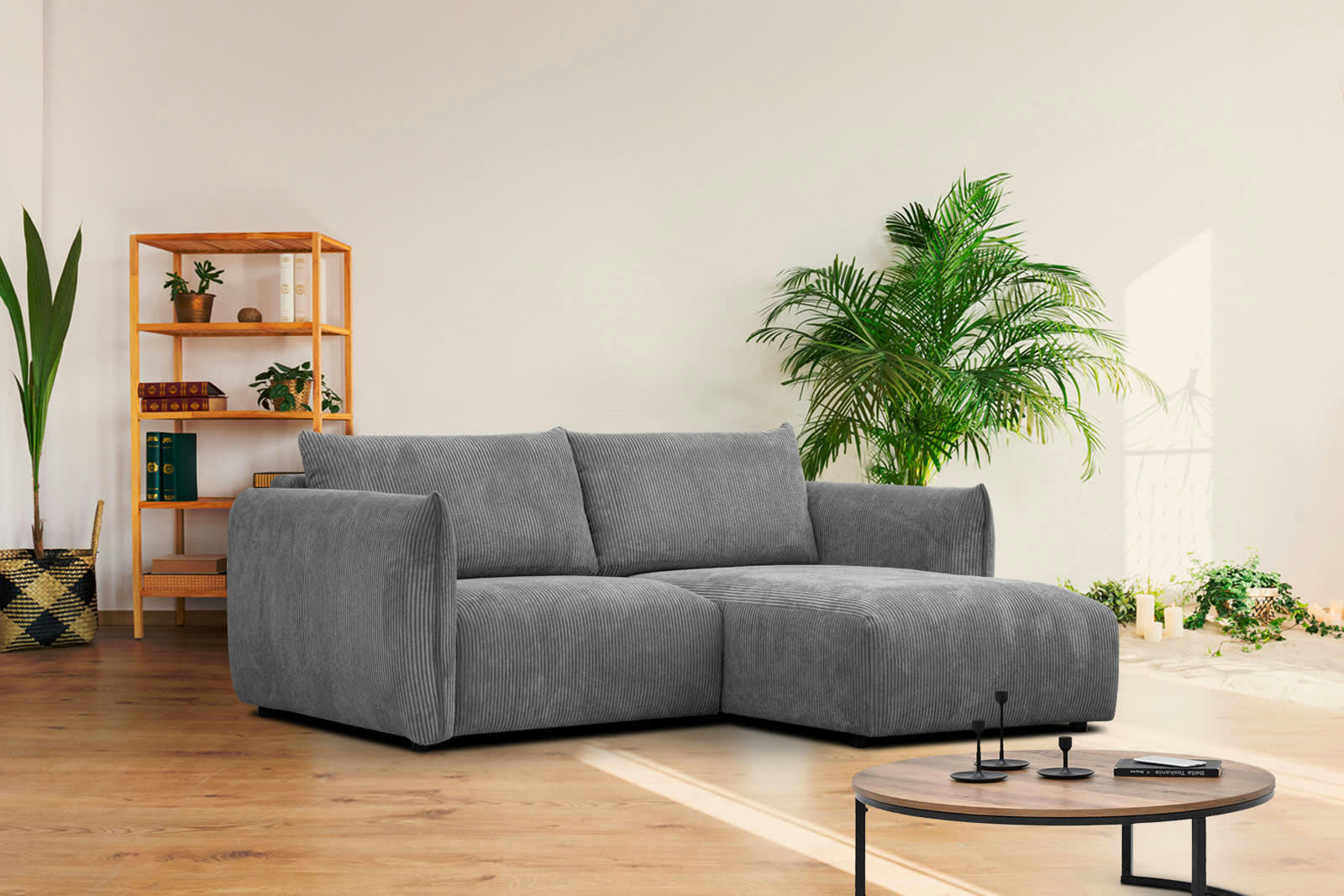 TAUER - Canapé d'angle droit 3 places tissu gris foncé