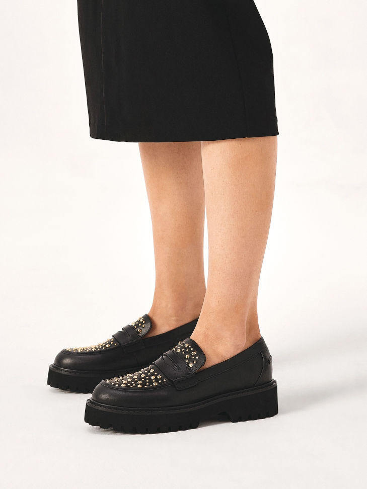 Black shoes with gold rhinestones