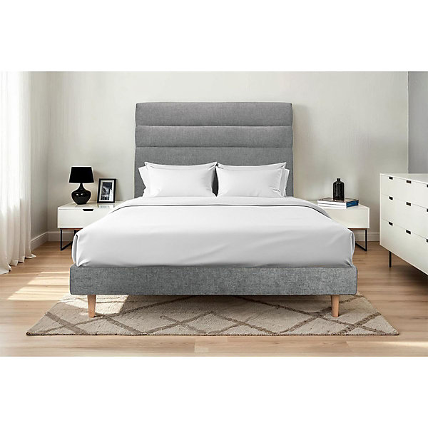 Lit avec tête de lit lignes tissu et sommier kit- Lit en bois massif