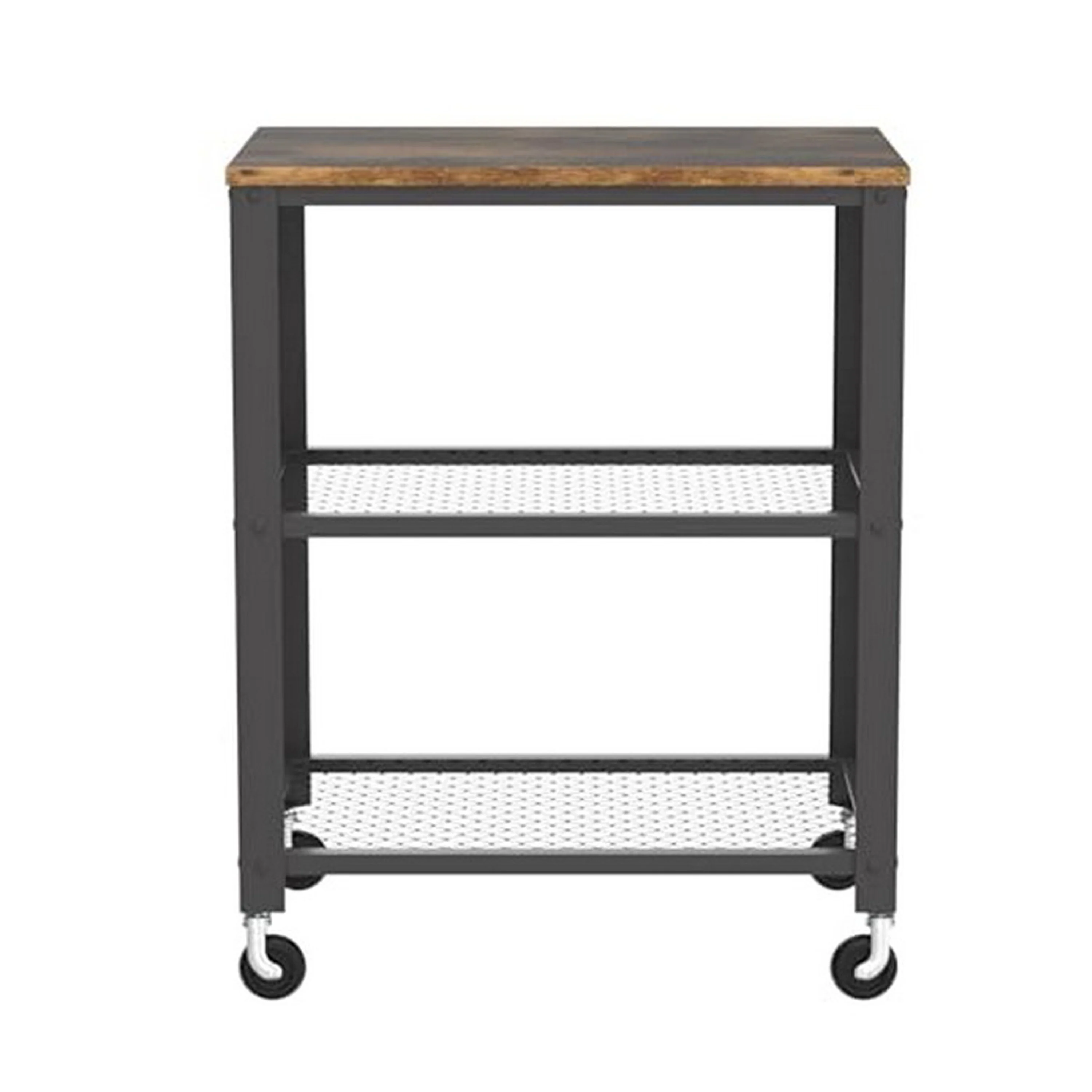 31 Inch Kitchen Rolling Bar Cart, 3 Tier, Brown Wood Top, Black Steel