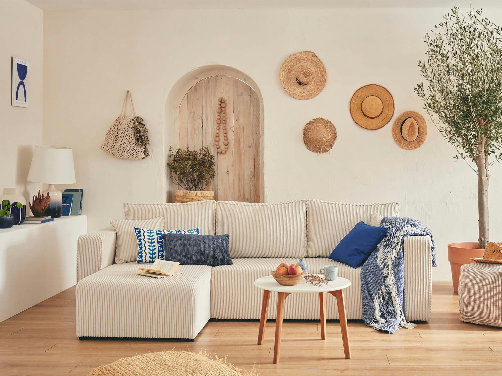 TOPAZE - Canapé d'angle réversible convertible 4 places en velours côtelé beige