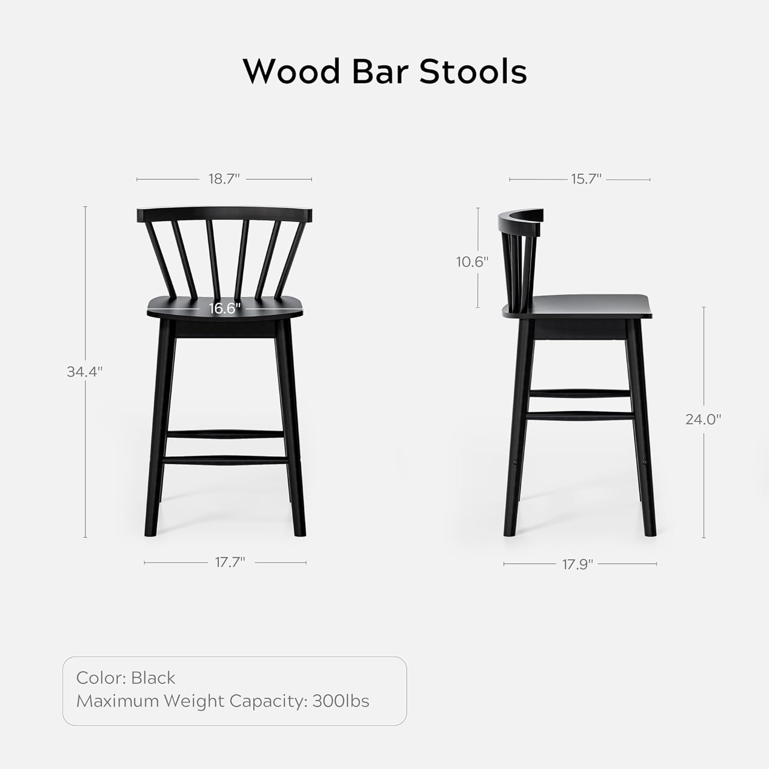 Wood Bar Stools Set of 3, 24 Barstool Farmhouse Counter Stools with Curved Back for Dining Room, Black