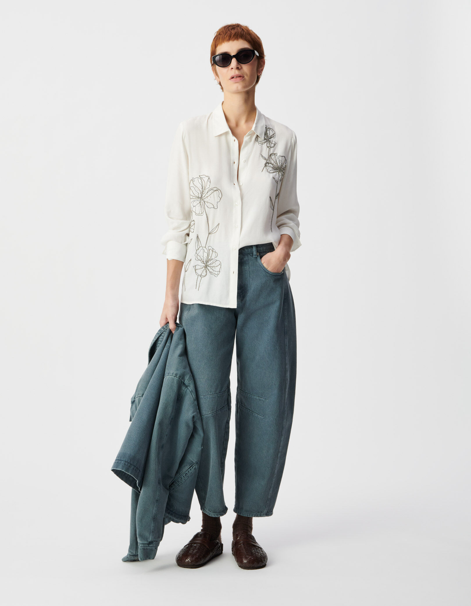 Chemise manches longues blanche broderies perles Femme
