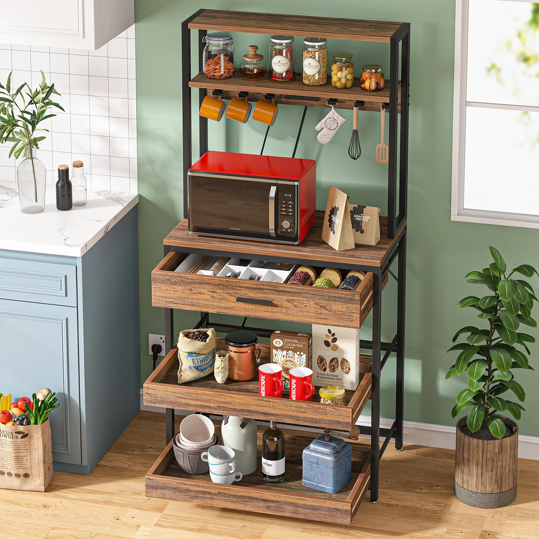 Kitchen Bakers Rack with Power Outlets, High Utility Storage Shelves Microwave Stand with Drawers