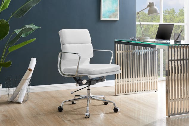 NNEKG Replica Eames Group Standard Aluminium Padded Low Back Office Chair (White Leather)