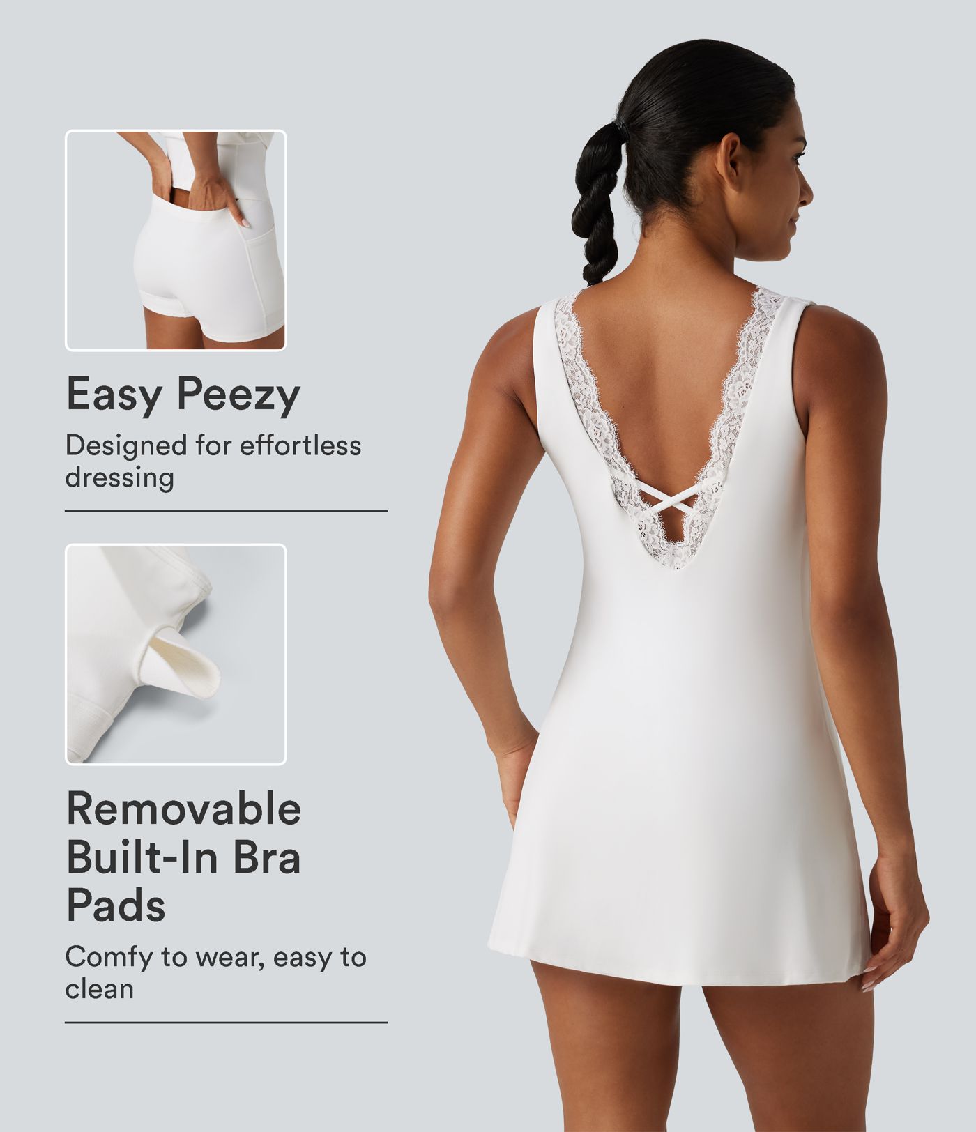 Robe-short de yoga mini SoftlyZero™ Plush accès facile Easy Peasy à col V avec coussinets amovibles, dentelle contrastée et poches