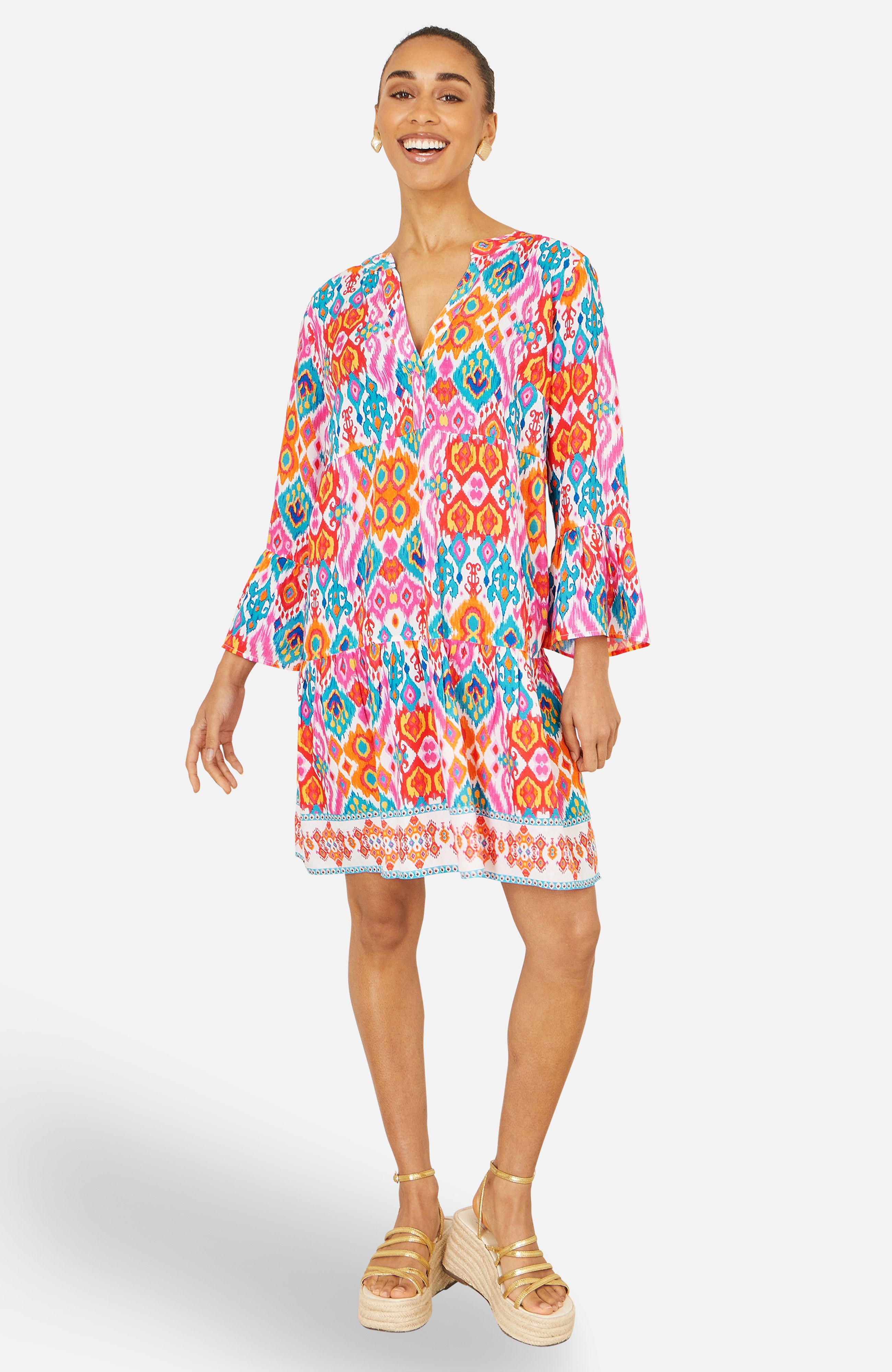 Yumi Multicolour Ikat Print Viscose Beach Tunic