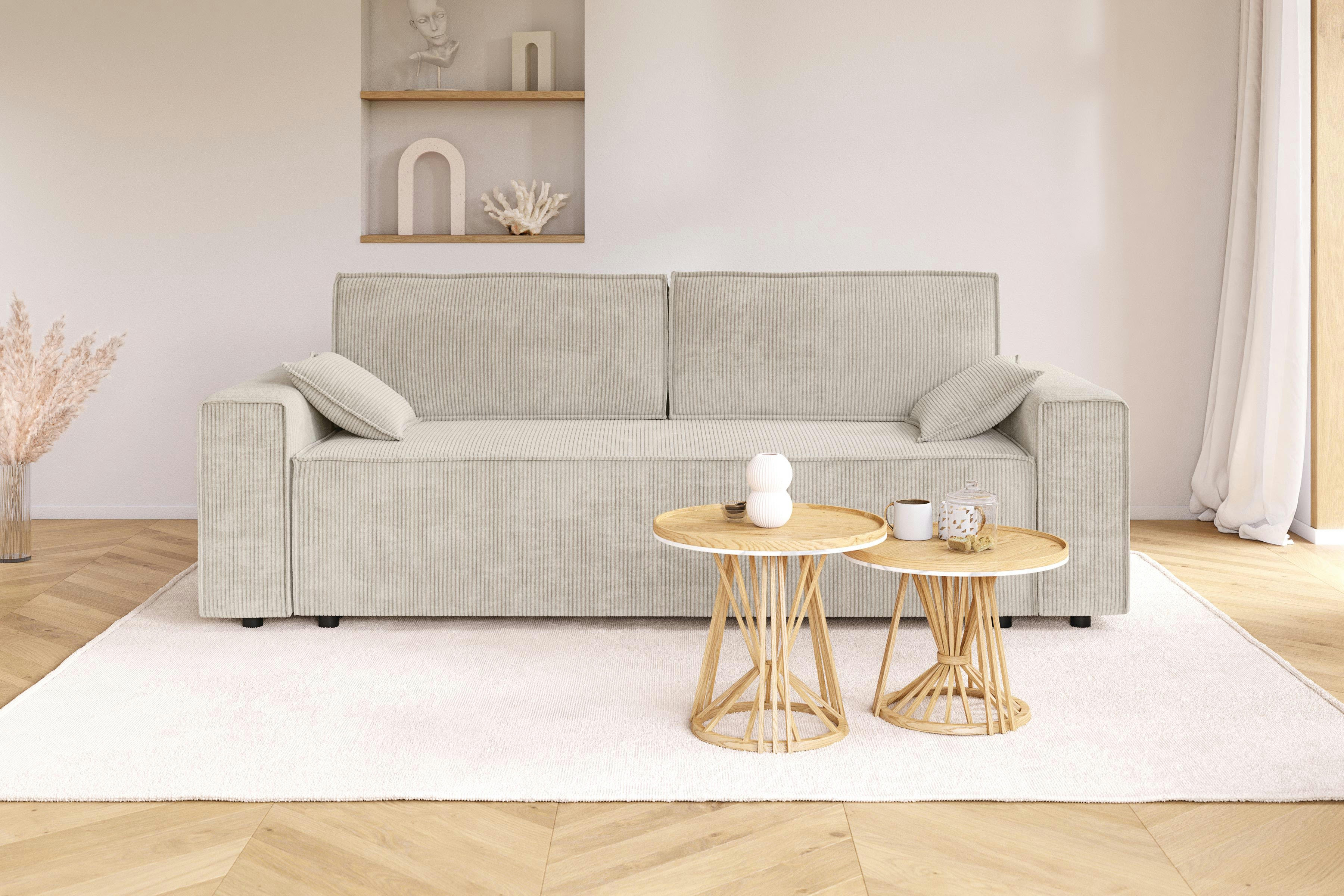 MARIUS - Canapé droit convertible en velours côtelé 3 places beige