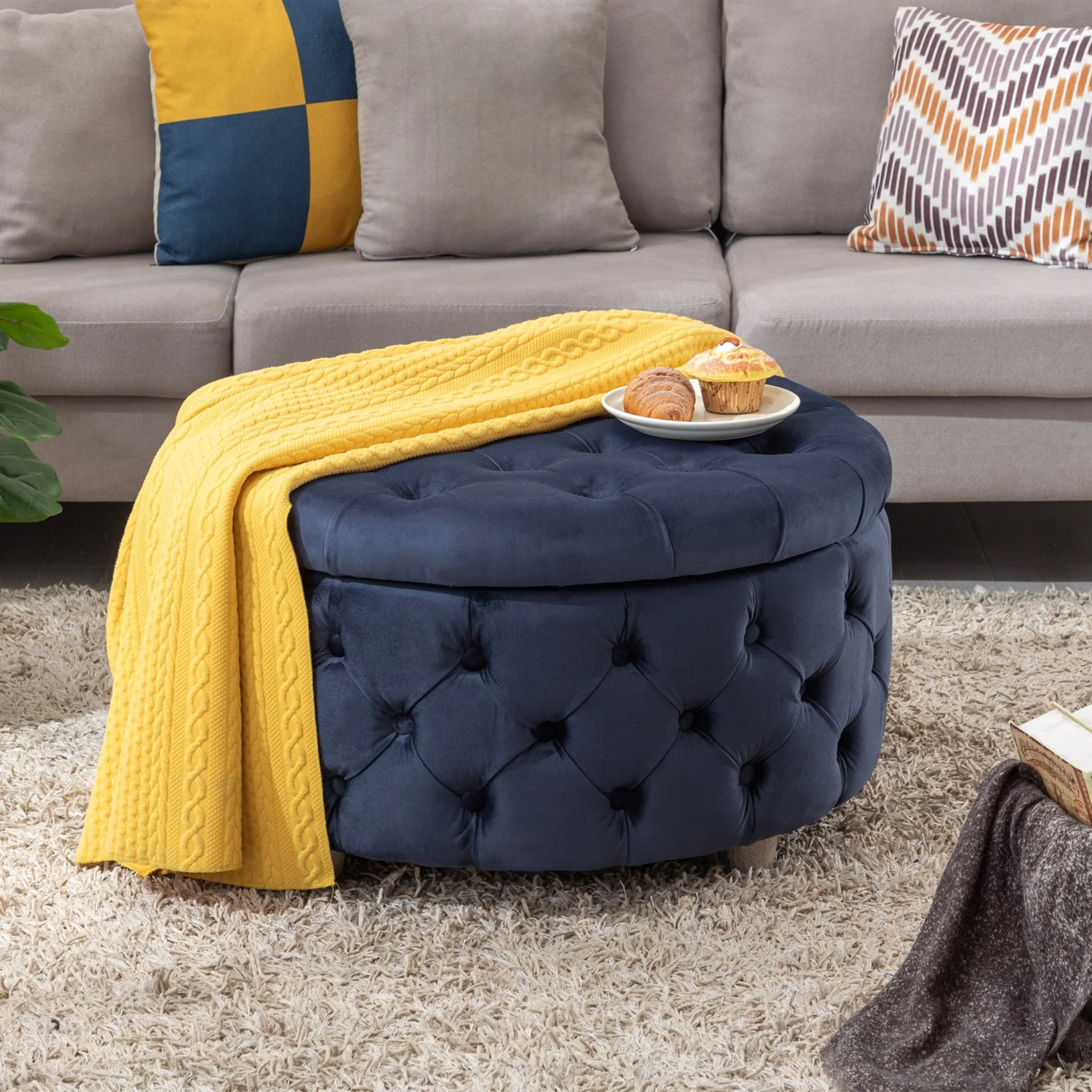 29.5 Wide Velvet Tufted Round Ottoman With Storage