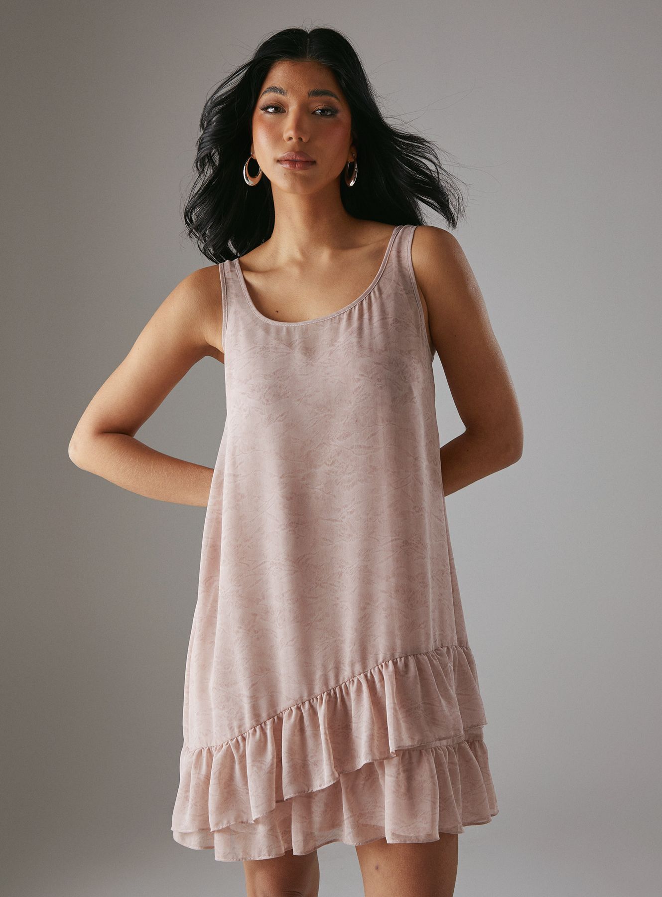 Warehouse Floral Chiffon Asymmetric Tier Mini Sundress