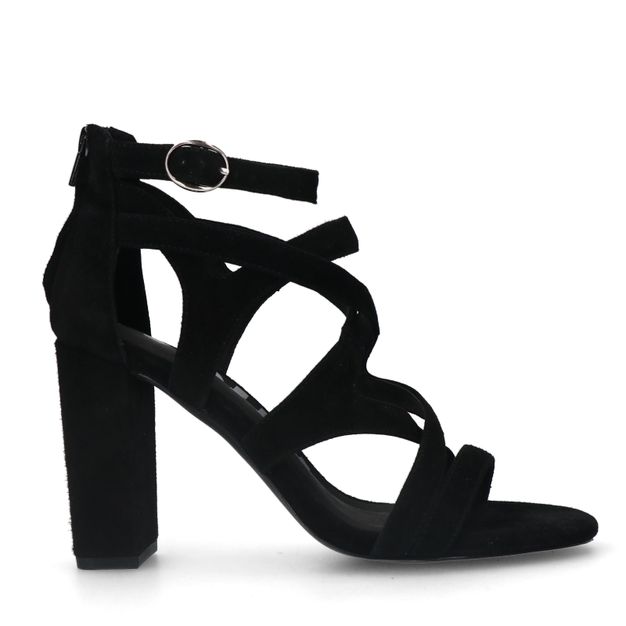 Zwarte suède opengewerkte sandalen met hak