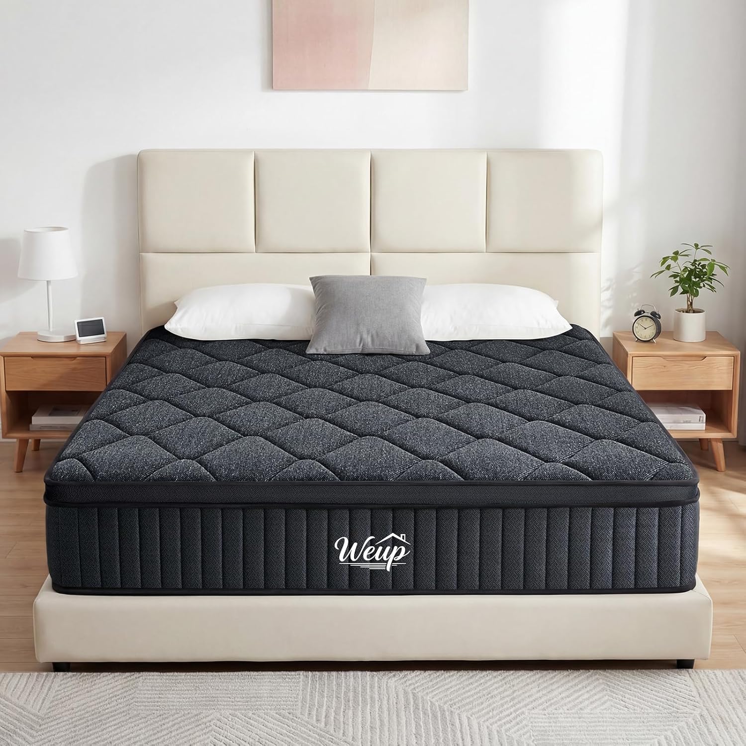WEUP King Size Mattress, 12 Inch Hybrid Memory Foam Mattress in a Box, Individual Pocket Springs for Pressure Relief, Motion Isolation, Medium Firm Feel, CertiPUR-US Certified（Gray）