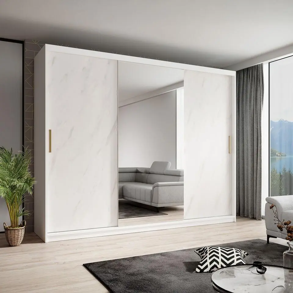 Meubella - Kledingkast Marmer 2 - Wit - 250 cm - Met spiegel