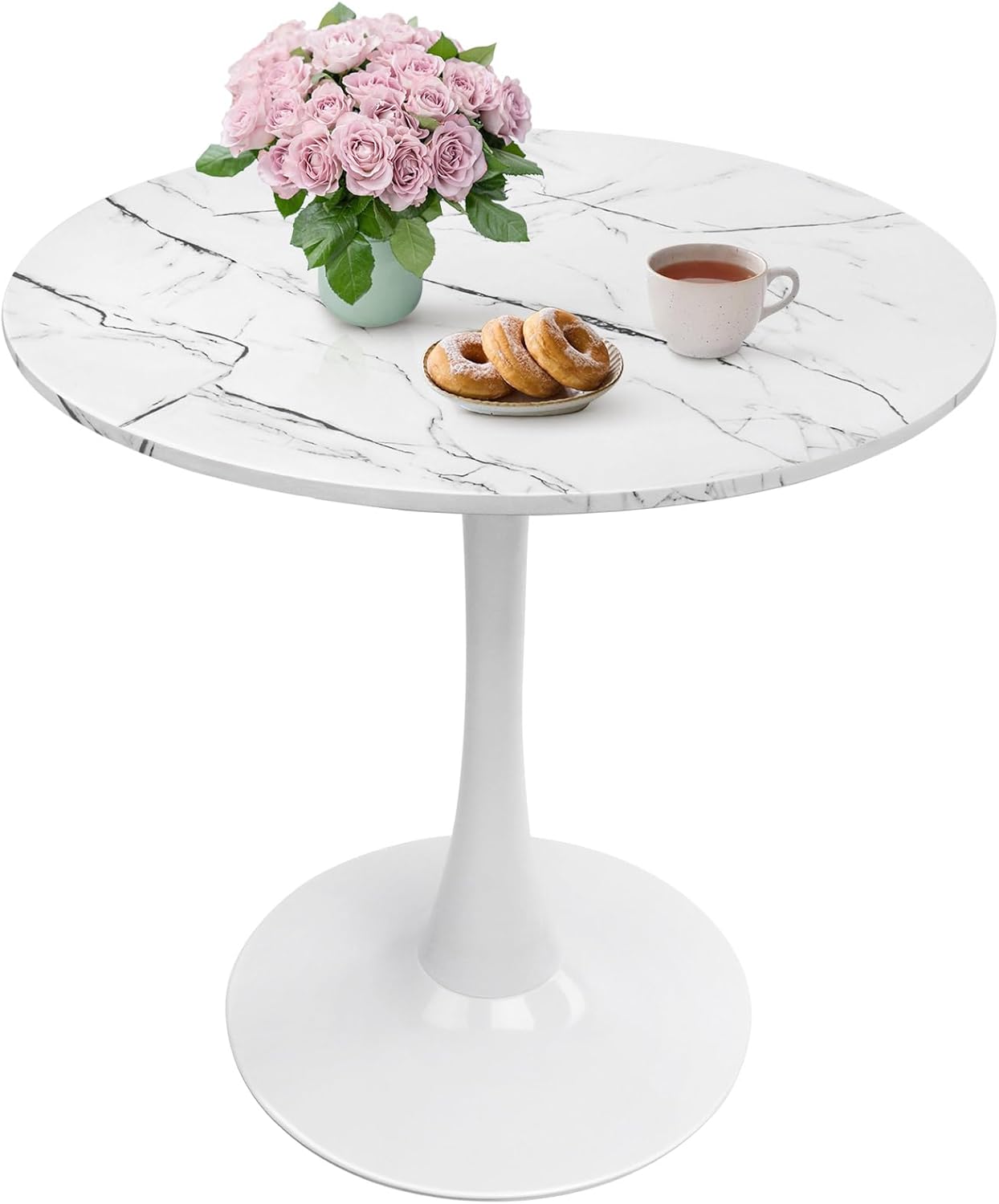 Round Dining Table 27.5 Faux Marble White Tulip Table with Pedestal Base for 2-4 People Small Space - Kitchen Living Room Cafe