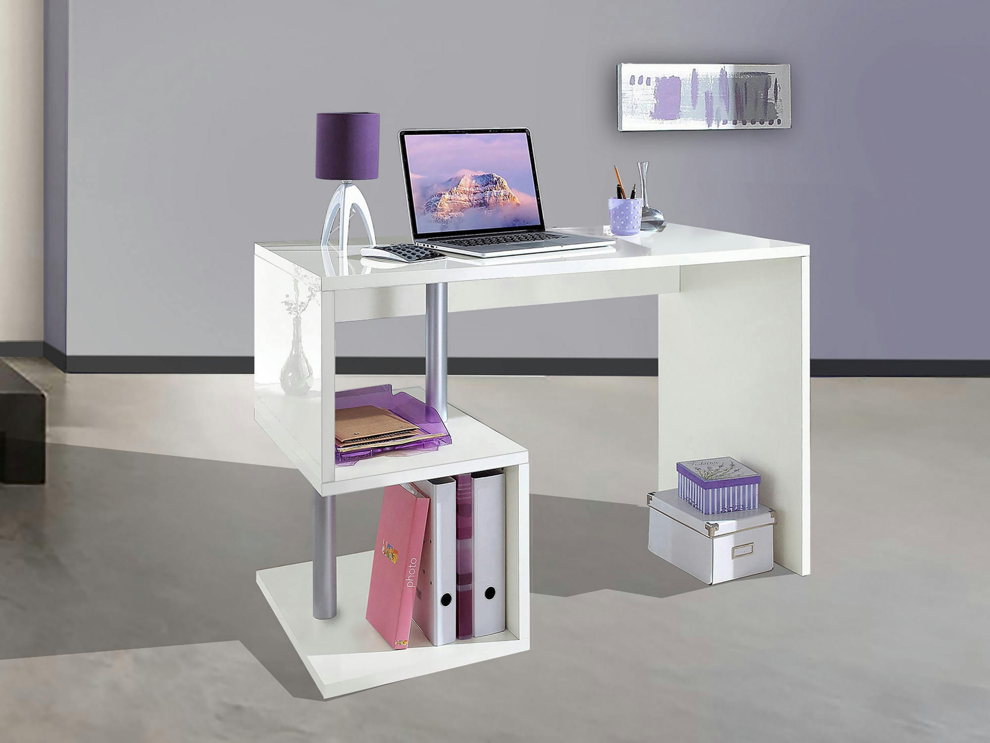 MASSIMO - Bureau en forme de S effet bois blanc brillant 100x50h78 cm