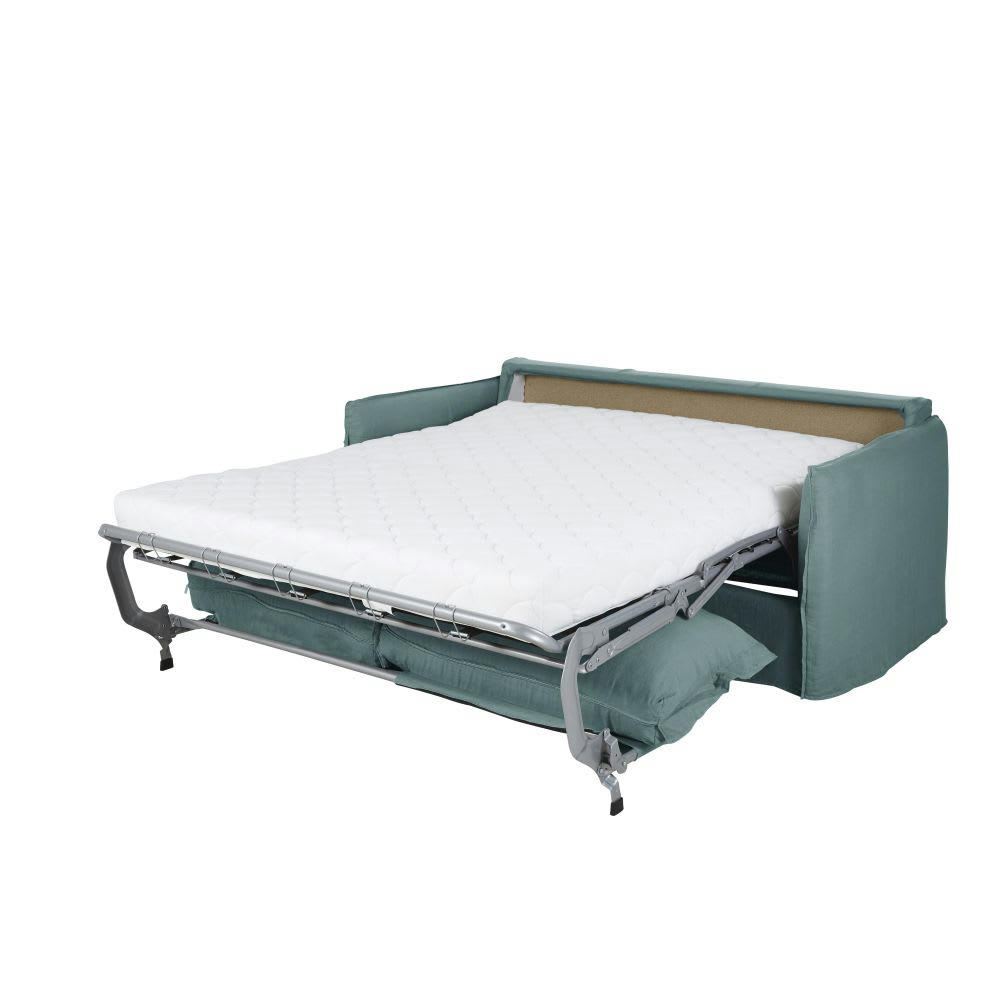 Barcelone - Canapé convertible 3 places en lin bleu céladon, matelas 14 cm