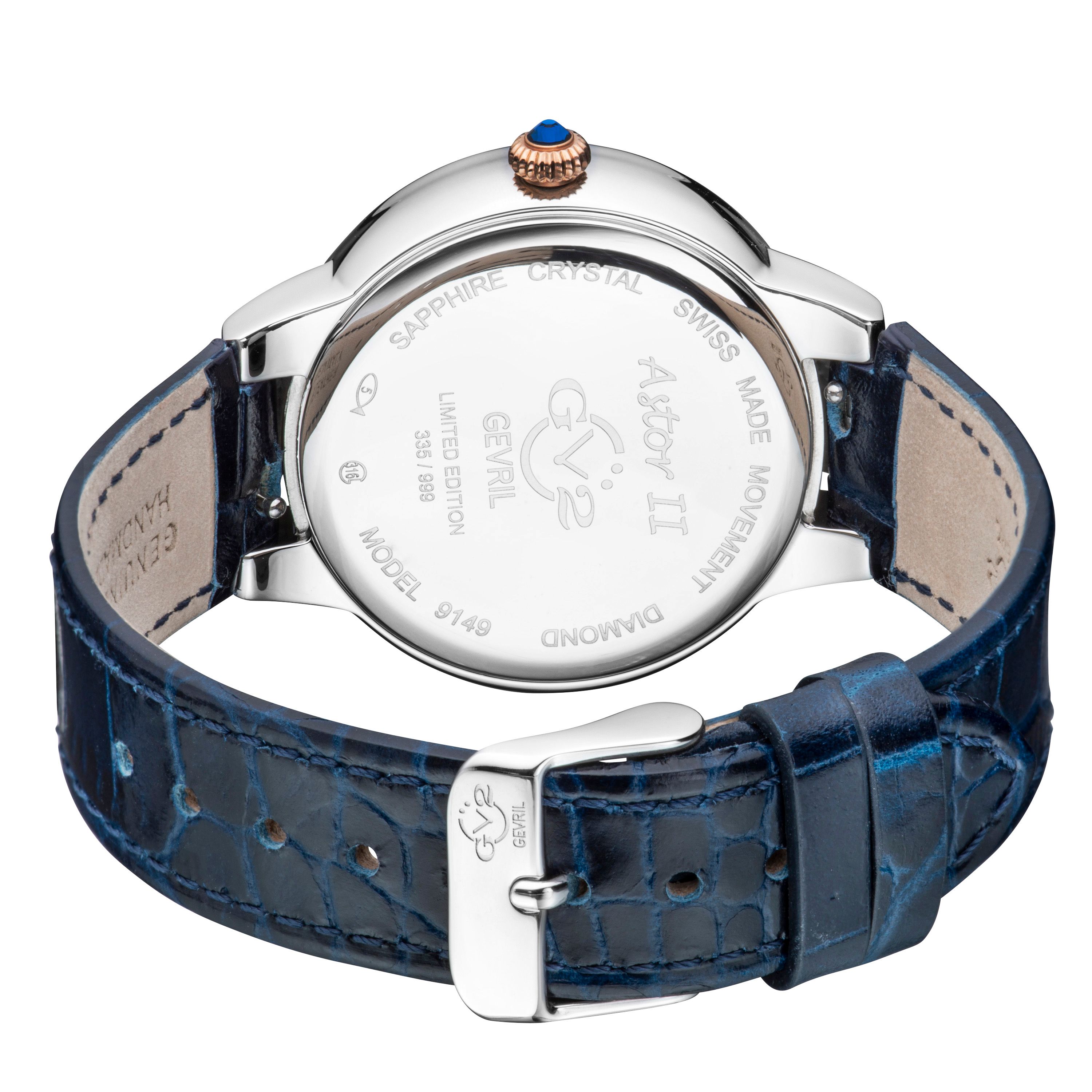 GV2 Astor II, Swiss Quartz Watch, Blue Dial, Hand made Italian leather, and Sapphire Crystal