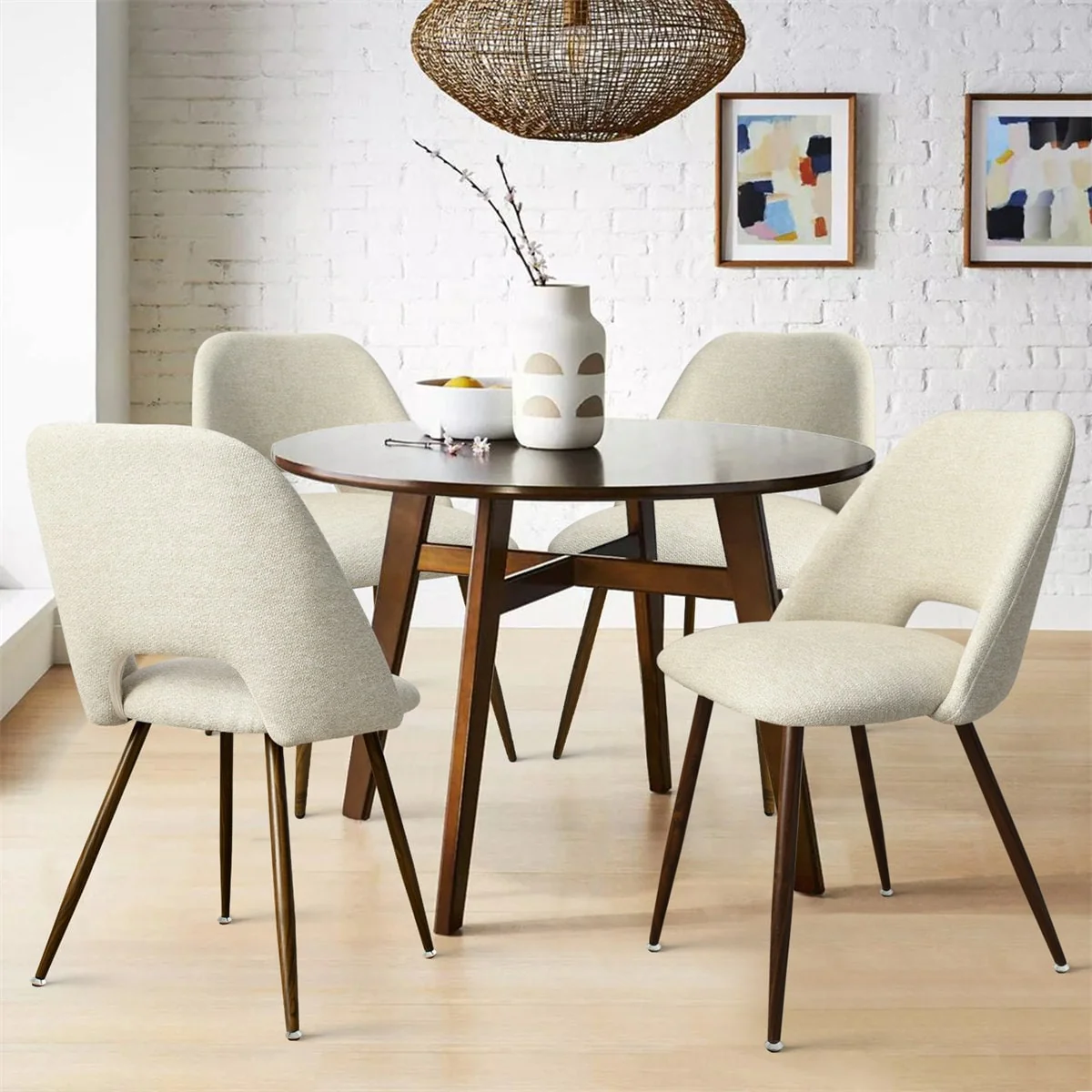 Upholstered Modern Cutout Back Dining Chair with Walnut Leg（Set of 4)
