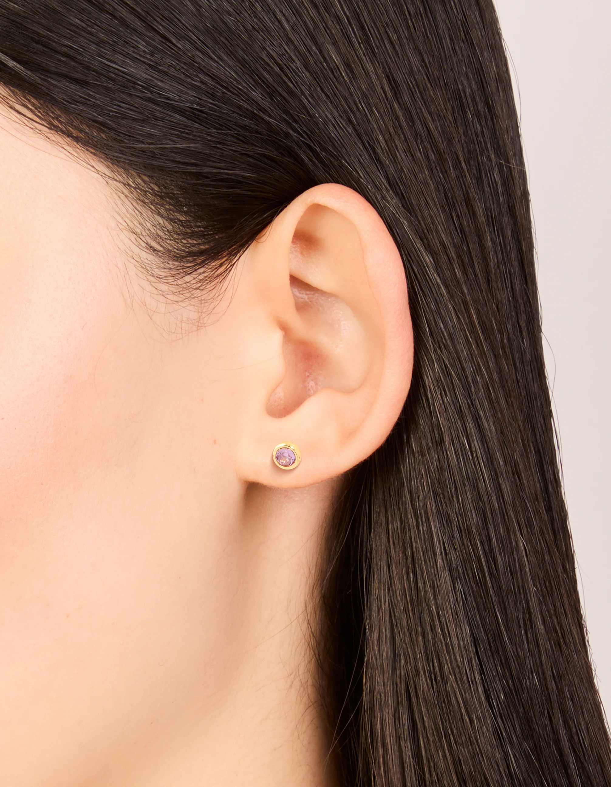 Waterproof Gold Plated Stainless Steel Cubic Zirconia February Birthstone Bezel Set Stud Earrings