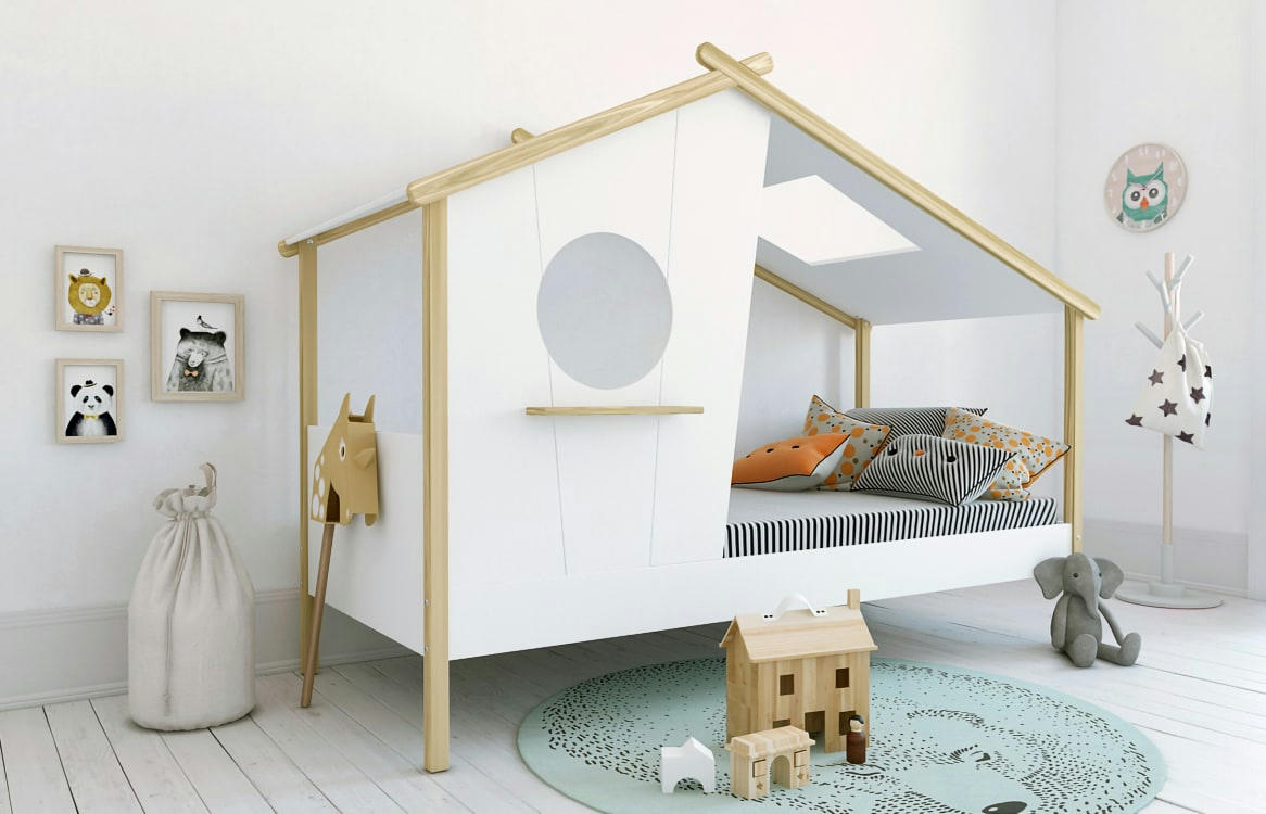 AMÉLIE - Lit enfant cabane  blanc   effet bois    90x200