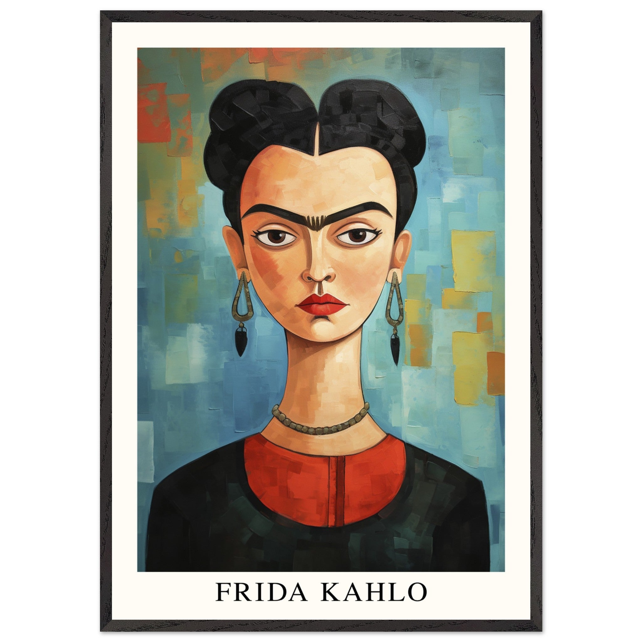 Artfulprints Poster met Lijst Frida Kahlo - Painted artistic portrait  - 70x100 cm - Blauw