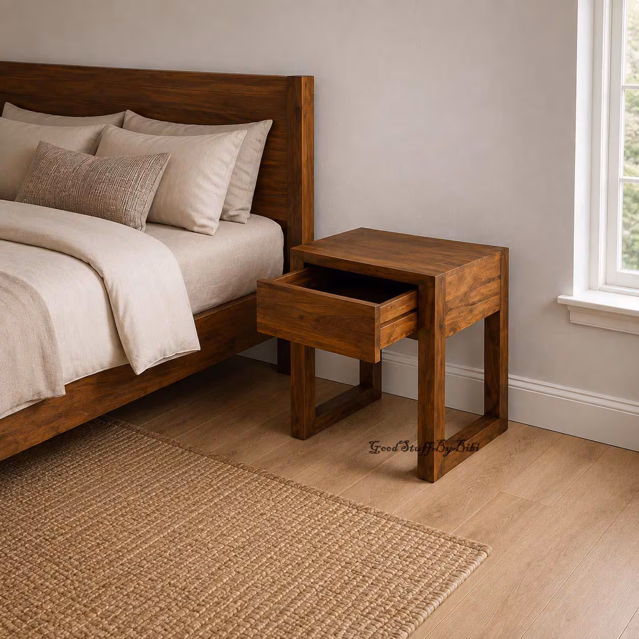 Solid Wood Bedside Table with Drawer Wooden Nightstand, Rustic Nightstand, Walnut Bedside Cabinet, Modern Bedroom Furniture