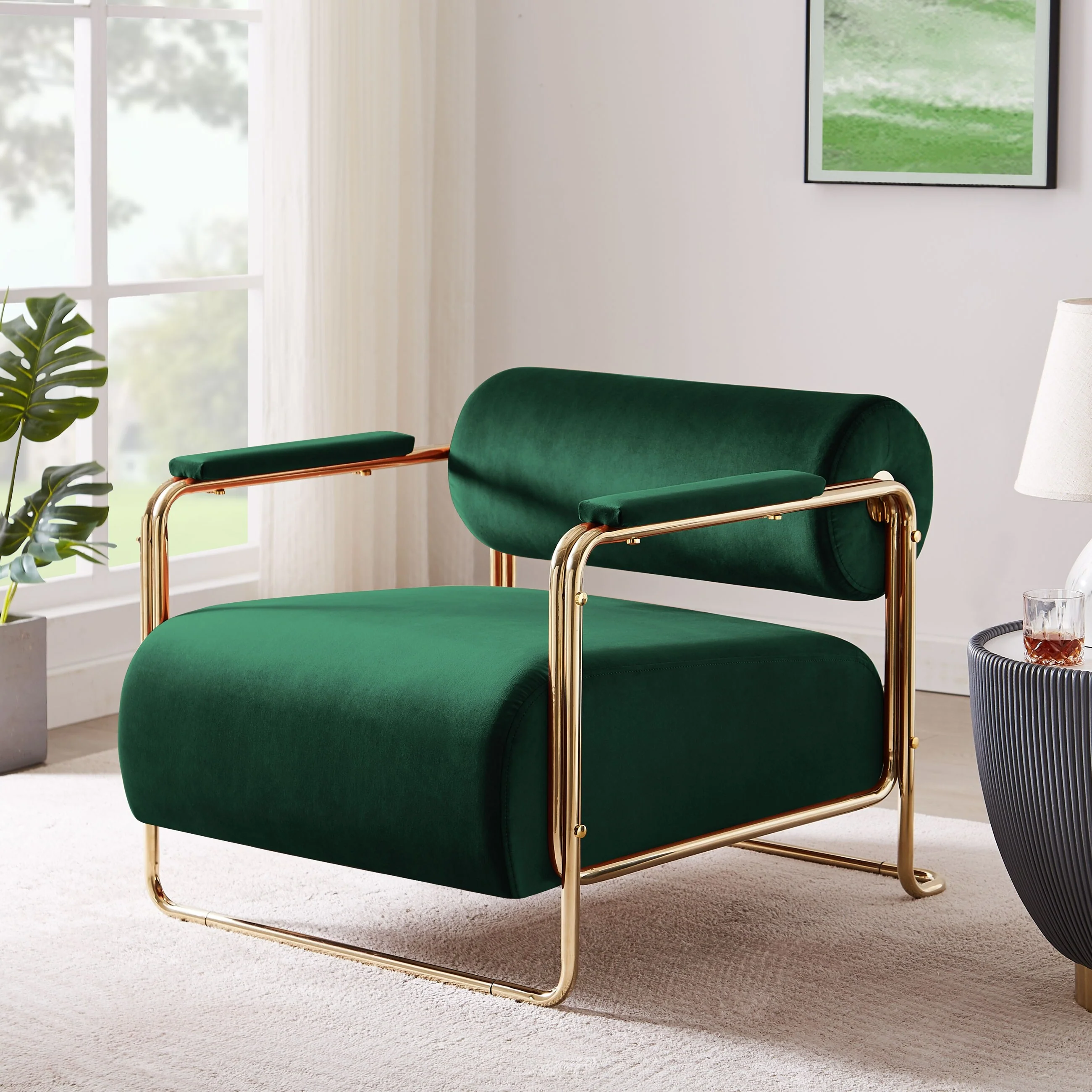 VANOMi 31'' Wide Futuristic Velvet Armchair With Glossy Gold Frame Cylindrical Backrest