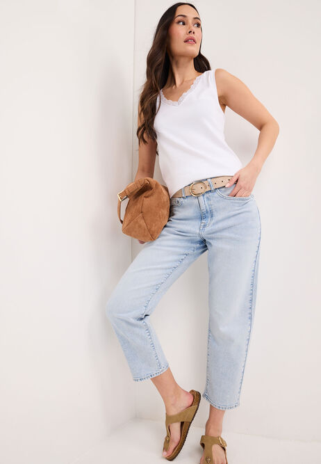 Womens White Ribbed Lace Trim Vest Top