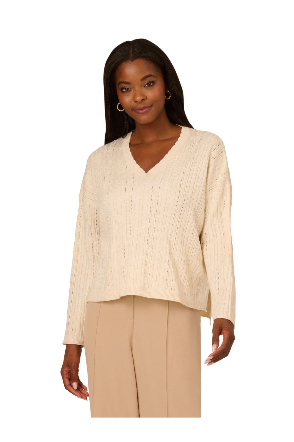 Adrianna Papell V-Neck Pointelle Long Sleeve Sweater