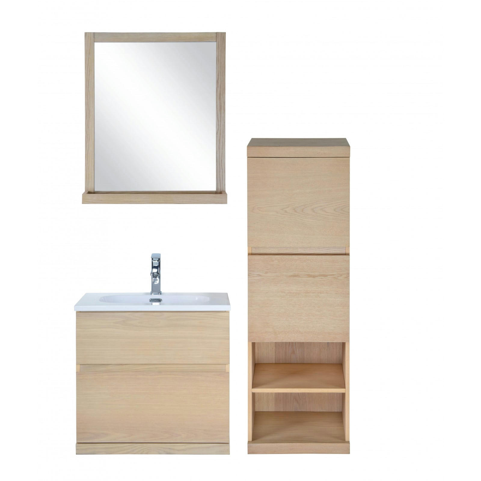 ENIO - Meuble sous vasque chêne avec plan résine  60cm + miroir + colonne