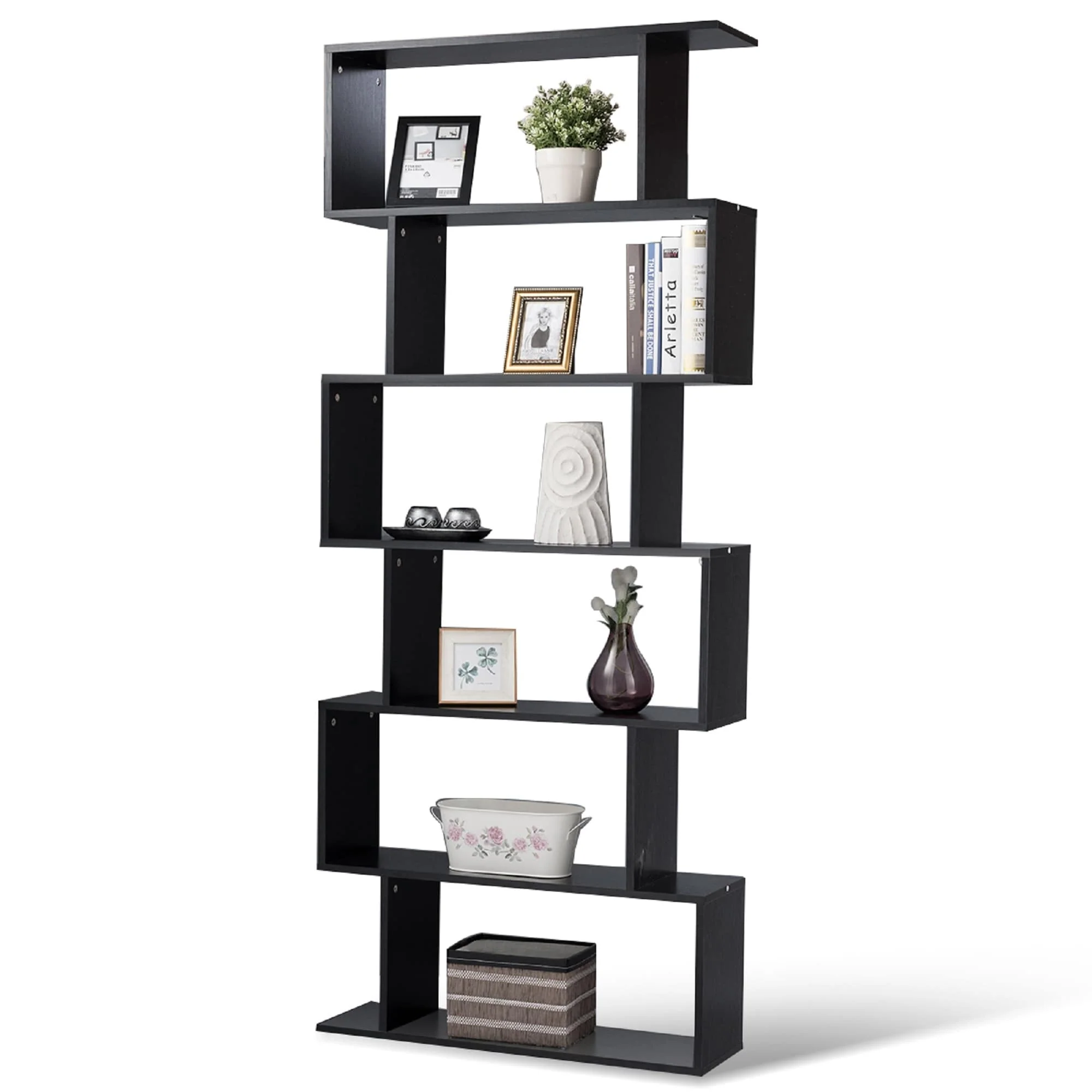 S-Shaped 6 Tier Room Dividing Bookcase Wooden Storage Display