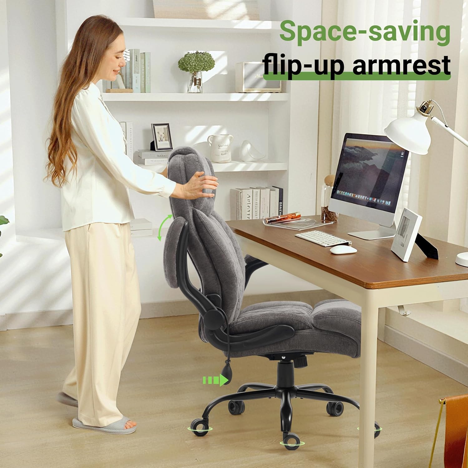Office Chair, Big and Tall Executive Chairs with Lumbar Support for Back Pain, Breathable Fabric Desk Computer Chair with Adjustable Flip-up Armrests,Wide Cushion Swivel Home Office Chair Black,Grey